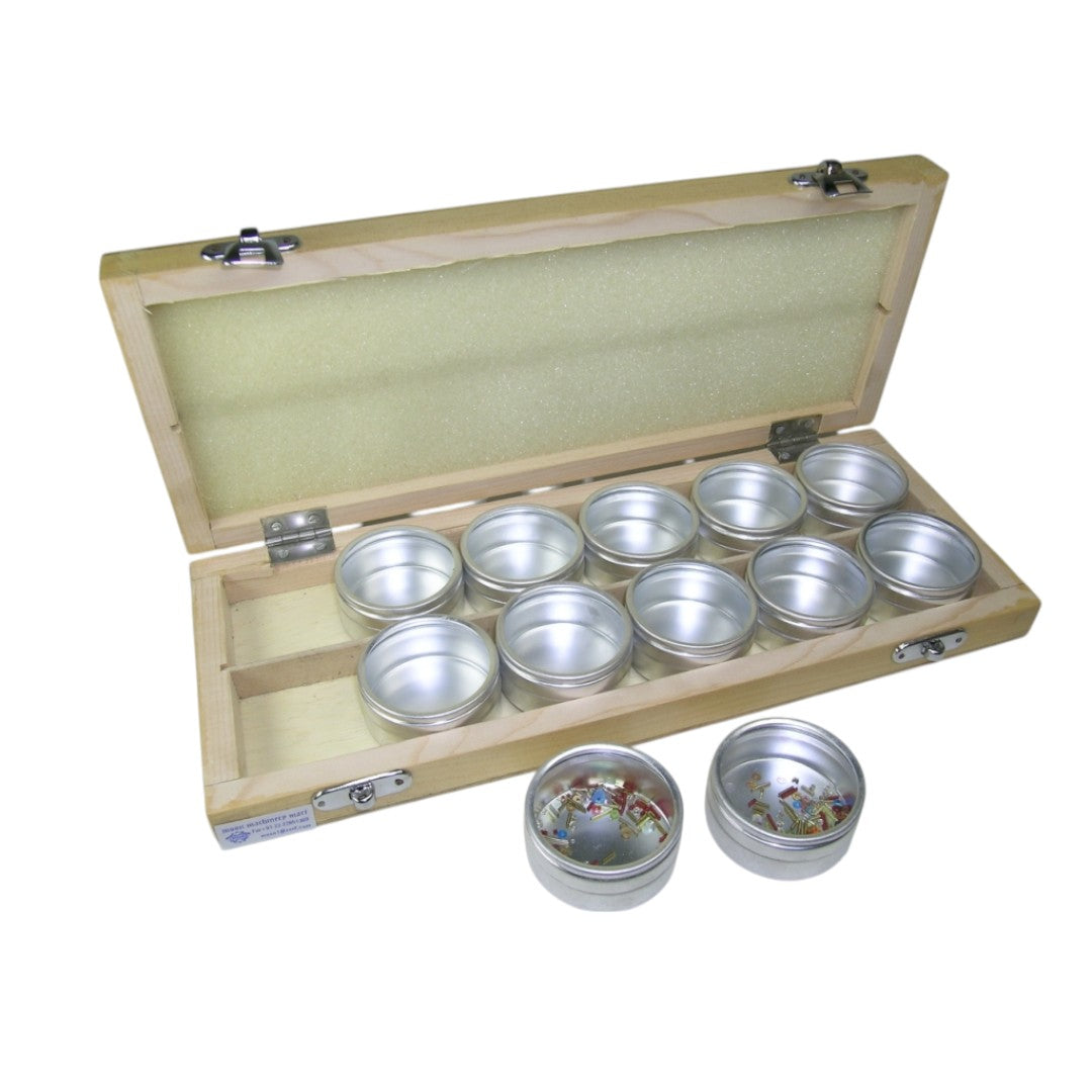 Silver tins Wooden box