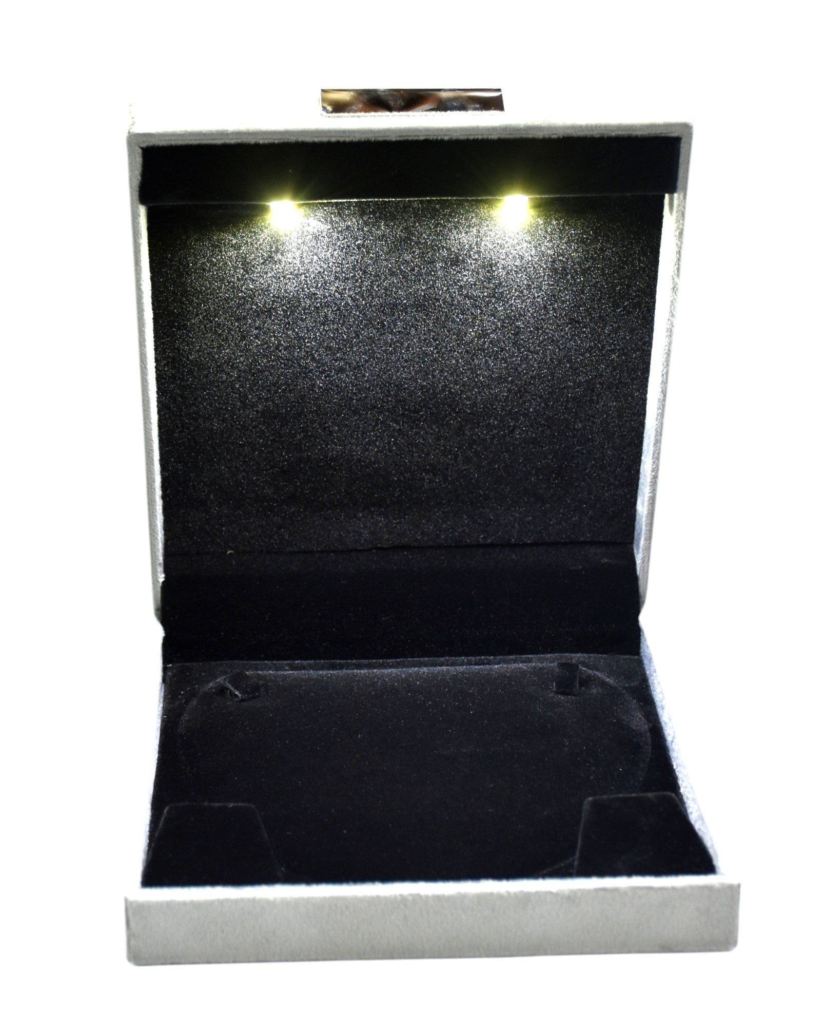 Grey Velvet Jewellery Box With Metal Plate & LED Light.