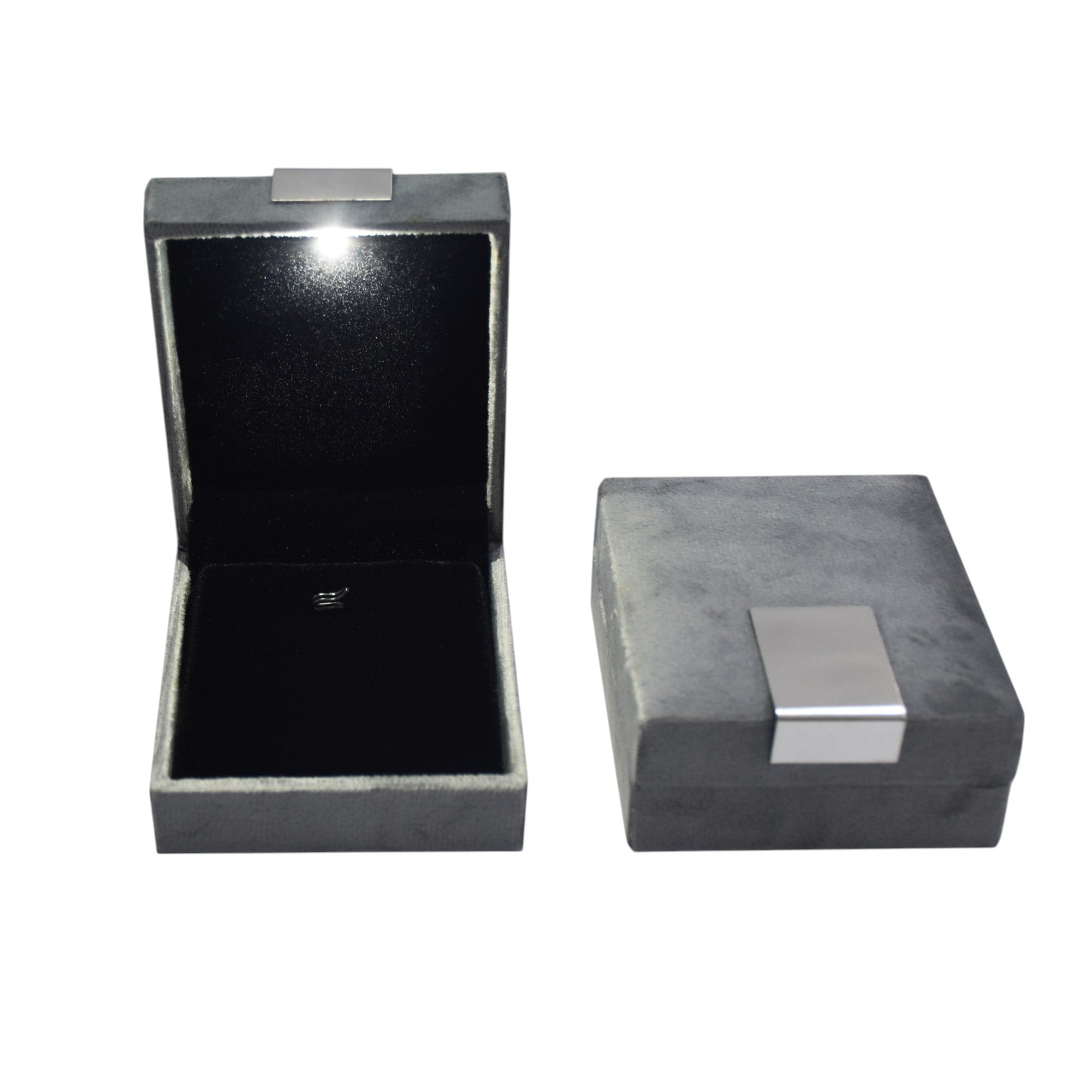 Grey Velvet Jewellery Box With Metal Plate & LED Light.