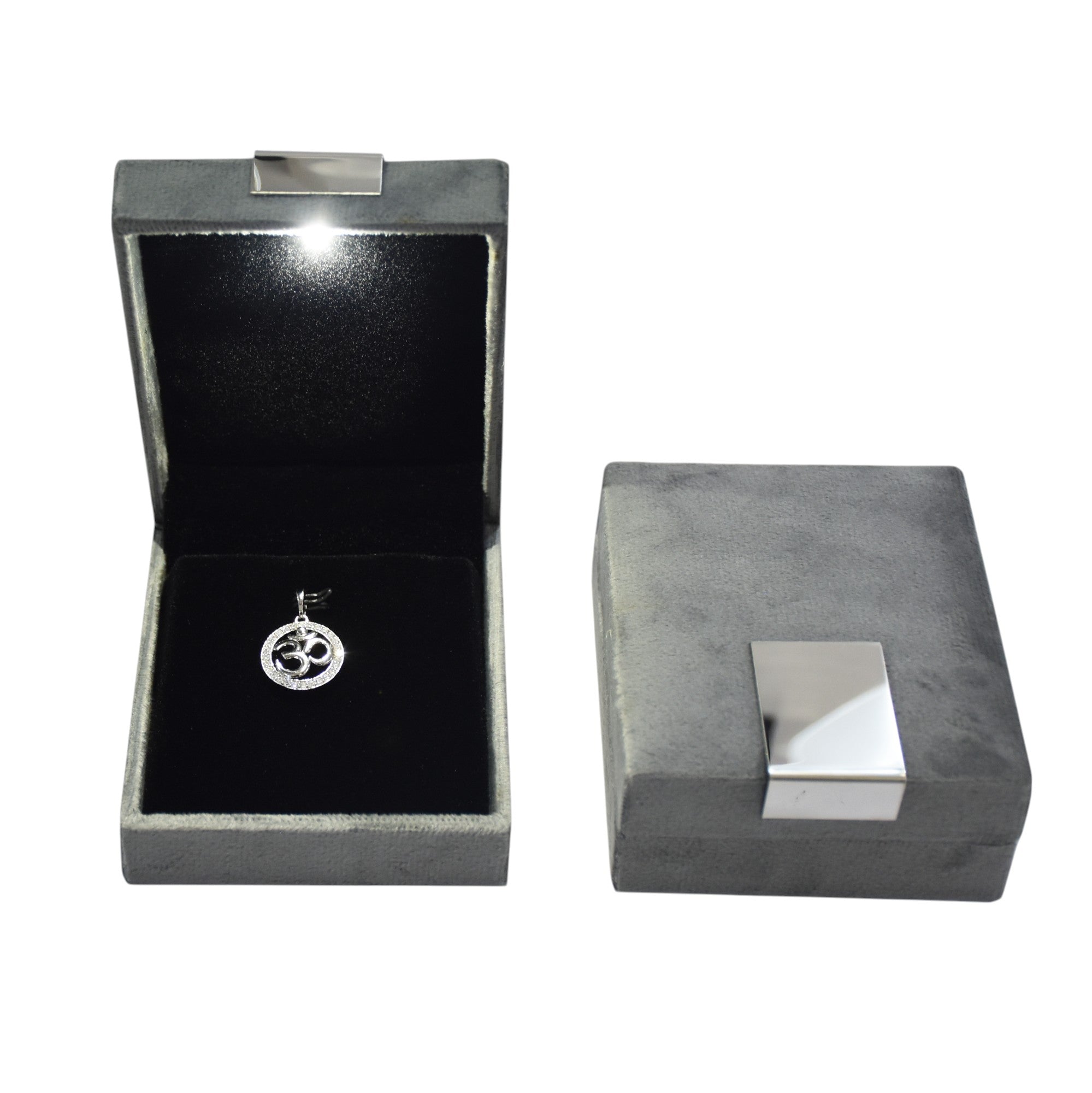 Grey Velvet Jewellery Box With Metal Plate & LED Light.