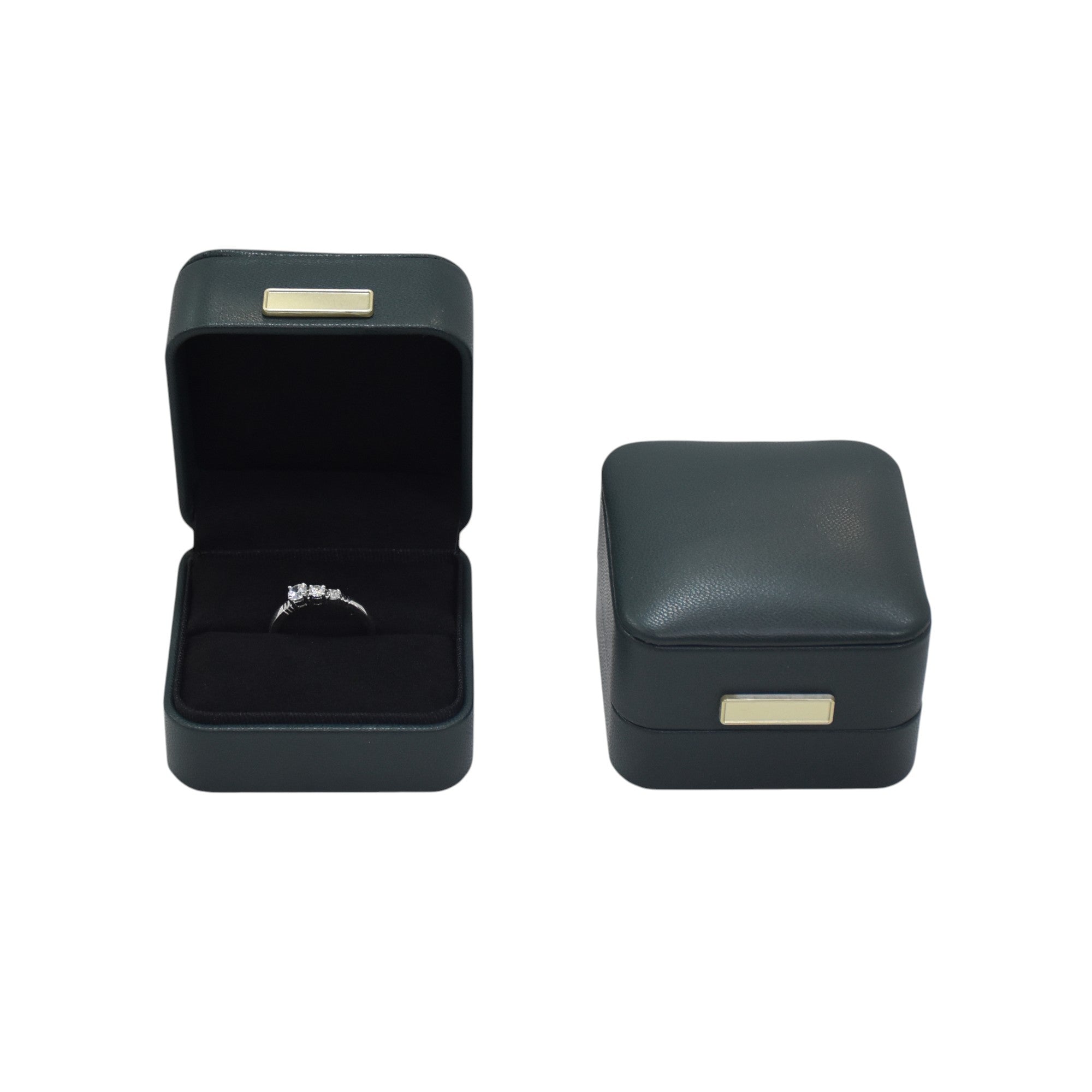 Vegan Letaher Green Ring Box with Metal Border.