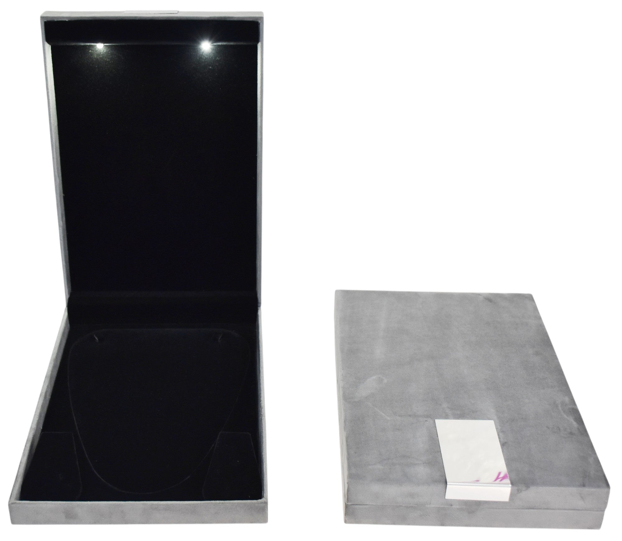 Grey Velvet Jewellery Box With Metal Plate & LED Light.