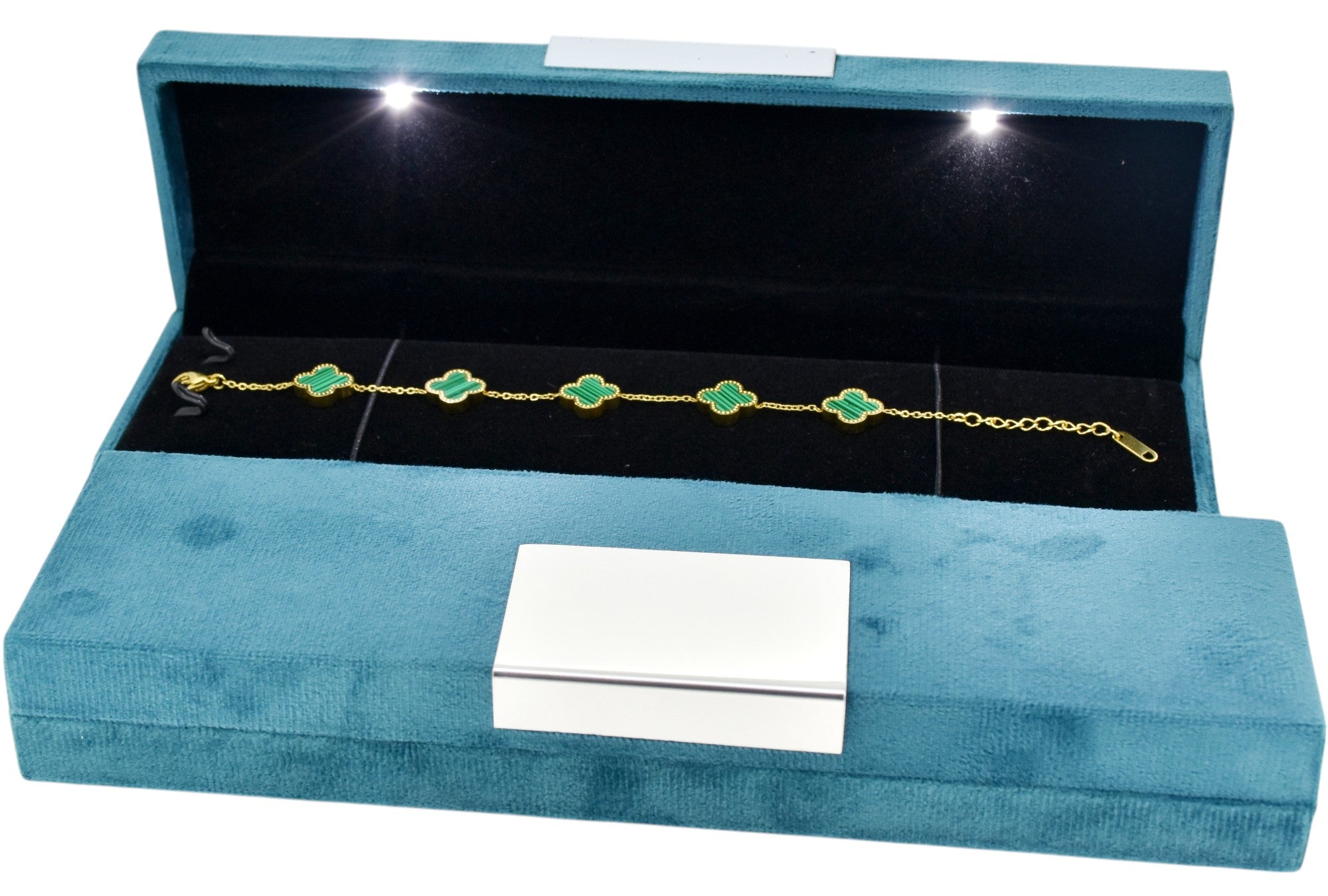 Green Velvet Jewellery Box With Metal Plate & LED Light.