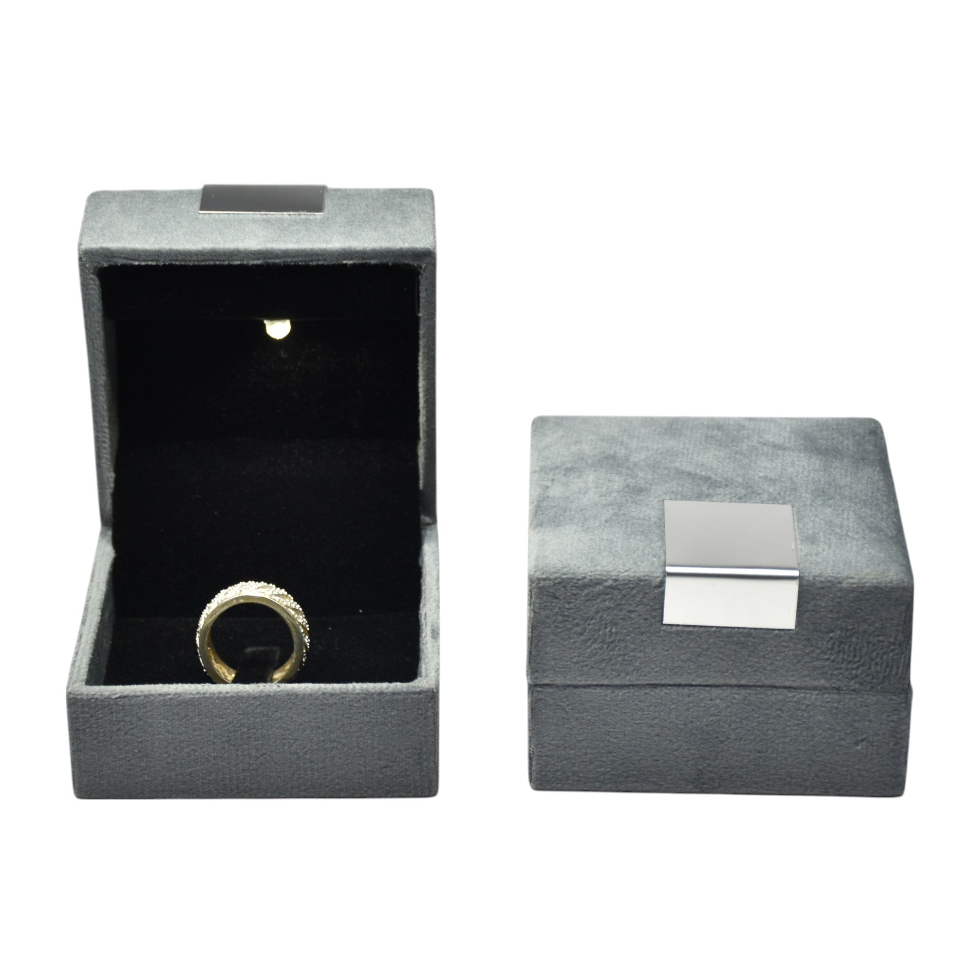 Grey Velvet Jewellery Box With Metal Plate & LED Light.