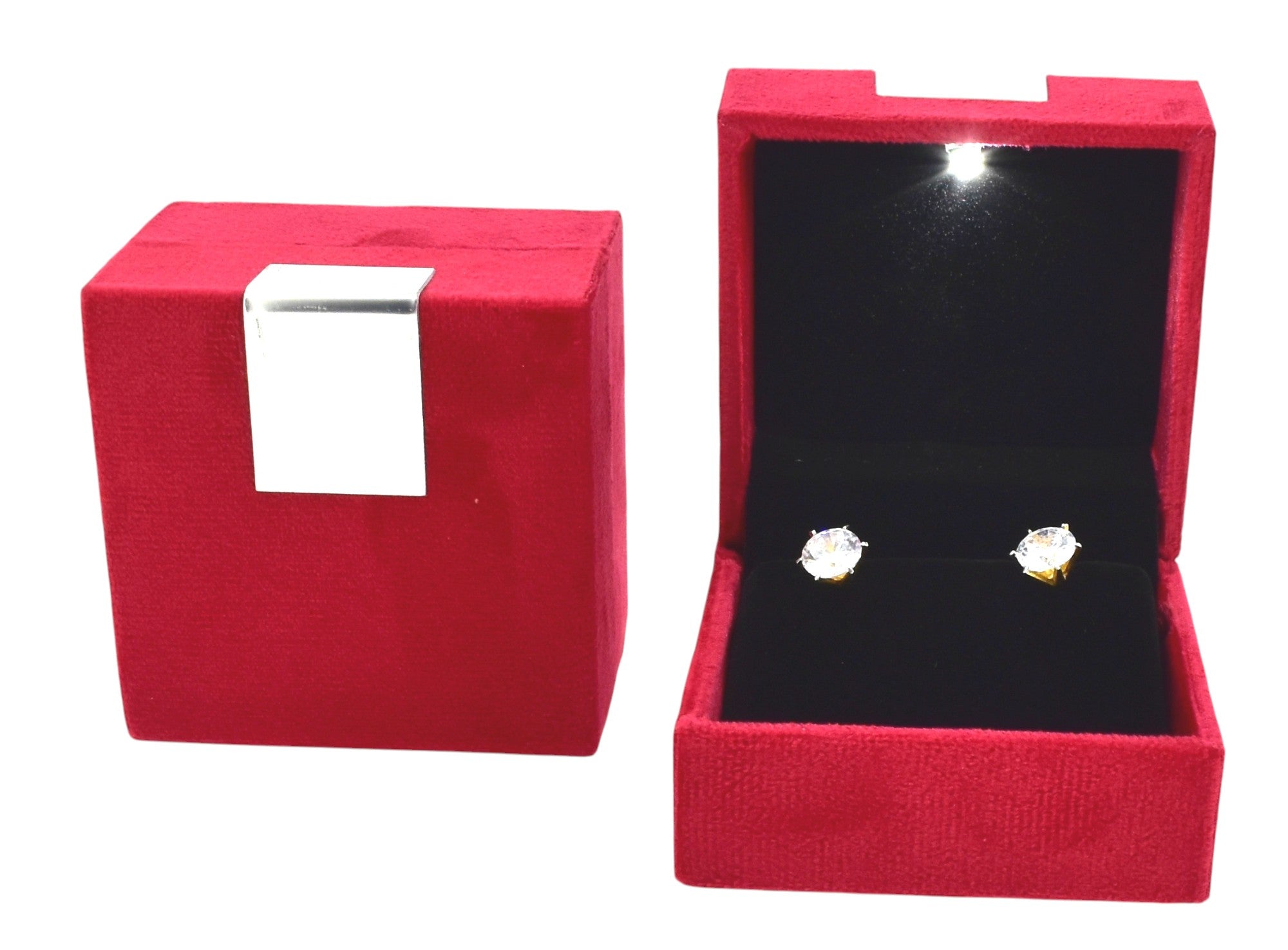 Red Velvet Jewellery Box With Metal Plate & LED Light.