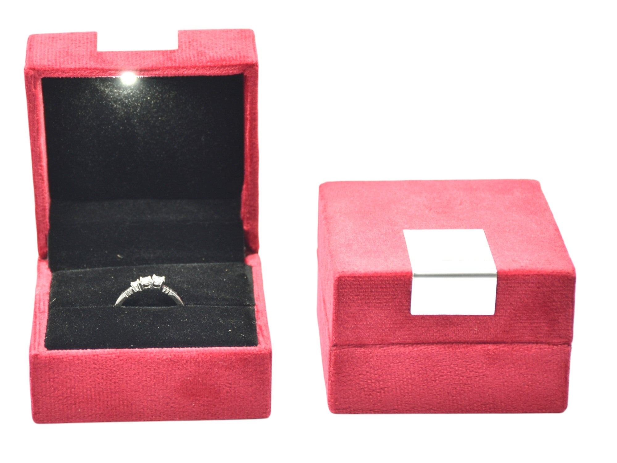 Red Velvet Jewellery Box With Metal Plate & LED Light.