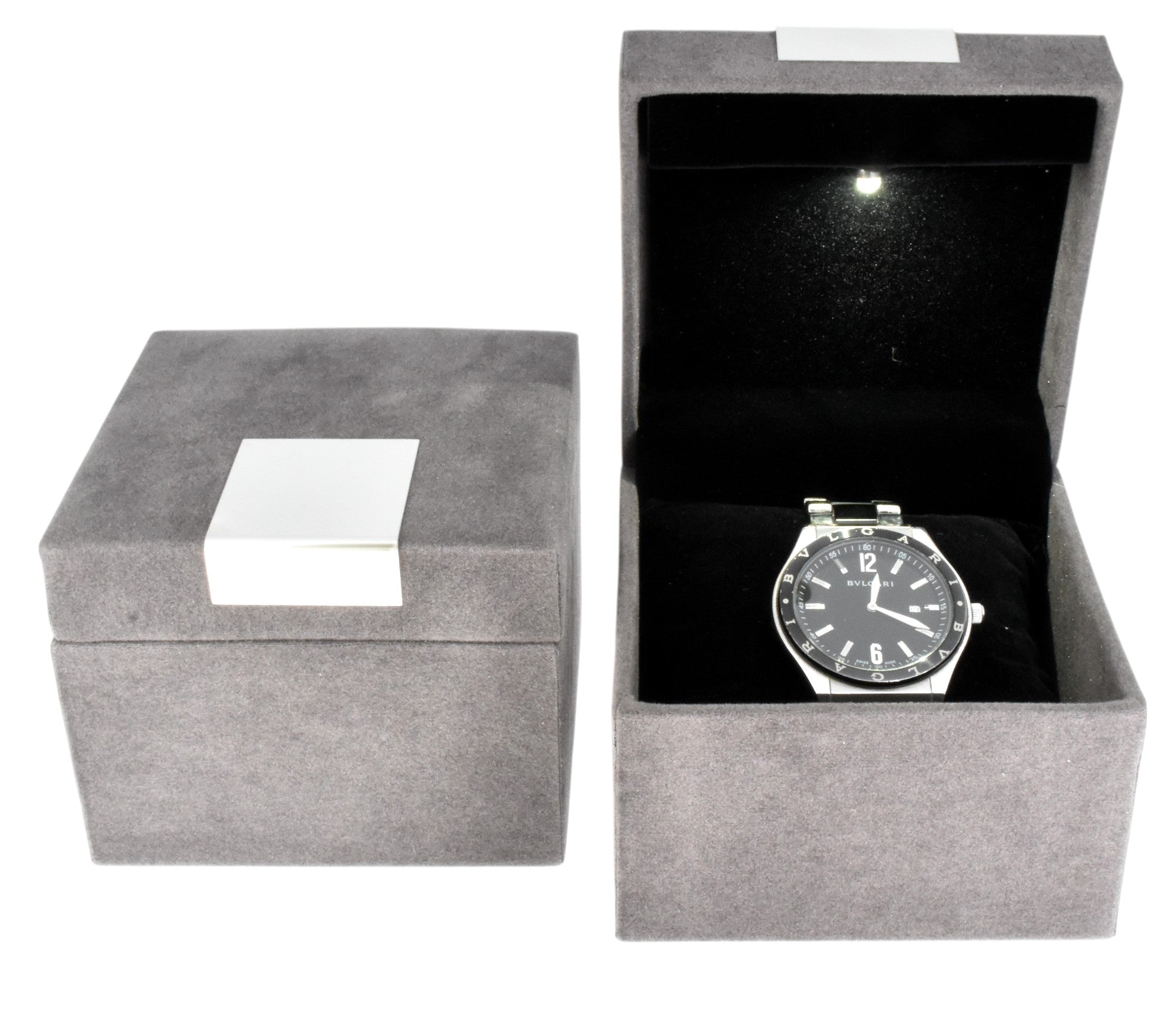 Grey Velvet Jewellery Box With Metal Plate & LED Light.