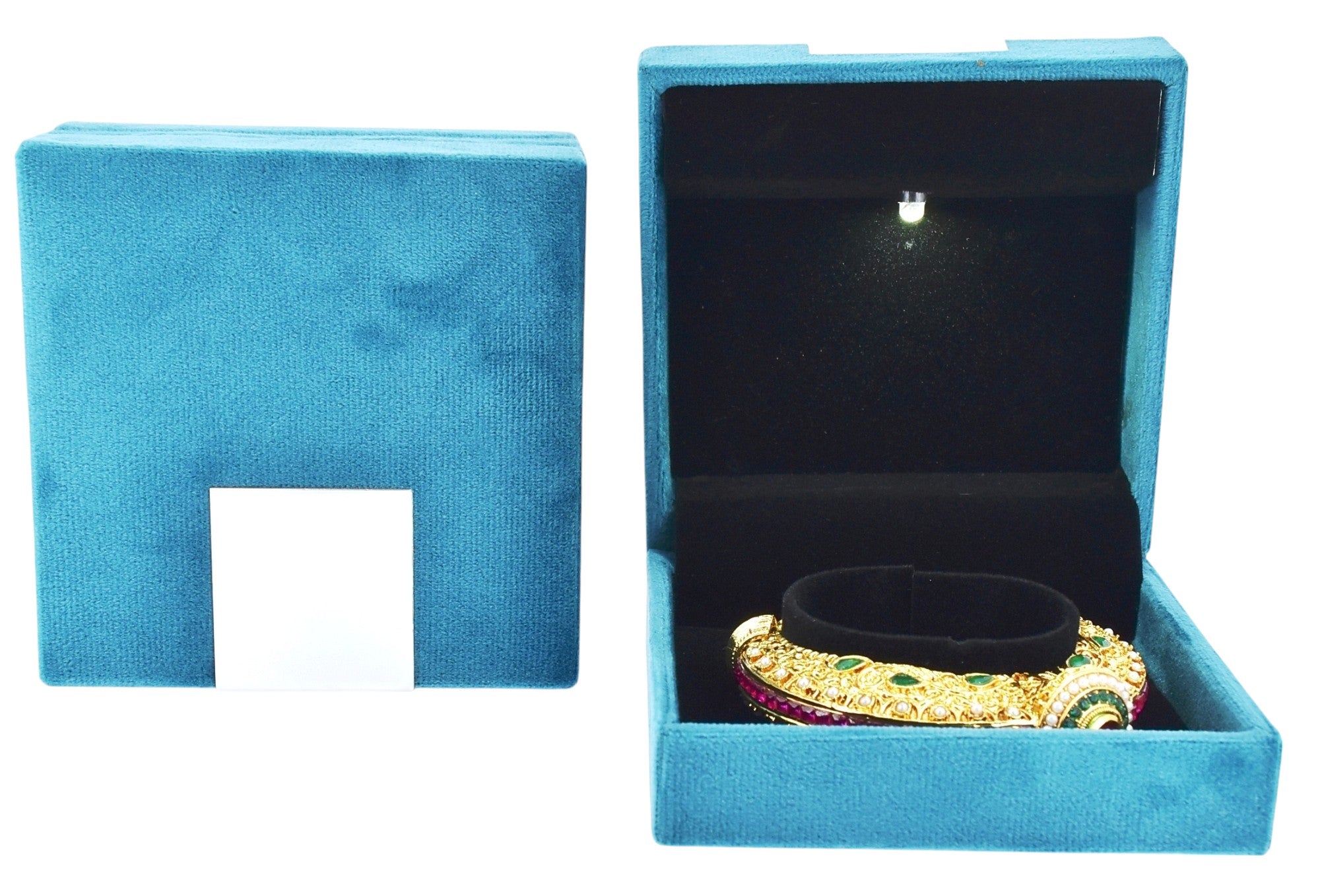 Green Velvet Jewellery Box With Metal Plate & LED Light.