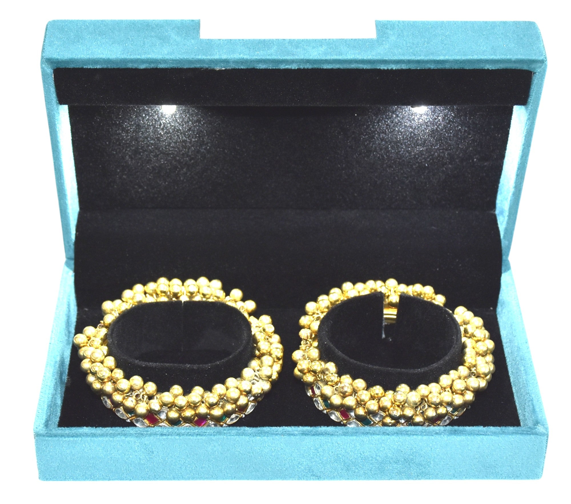 Green Velvet Jewellery Box With Metal Plate & LED Light.