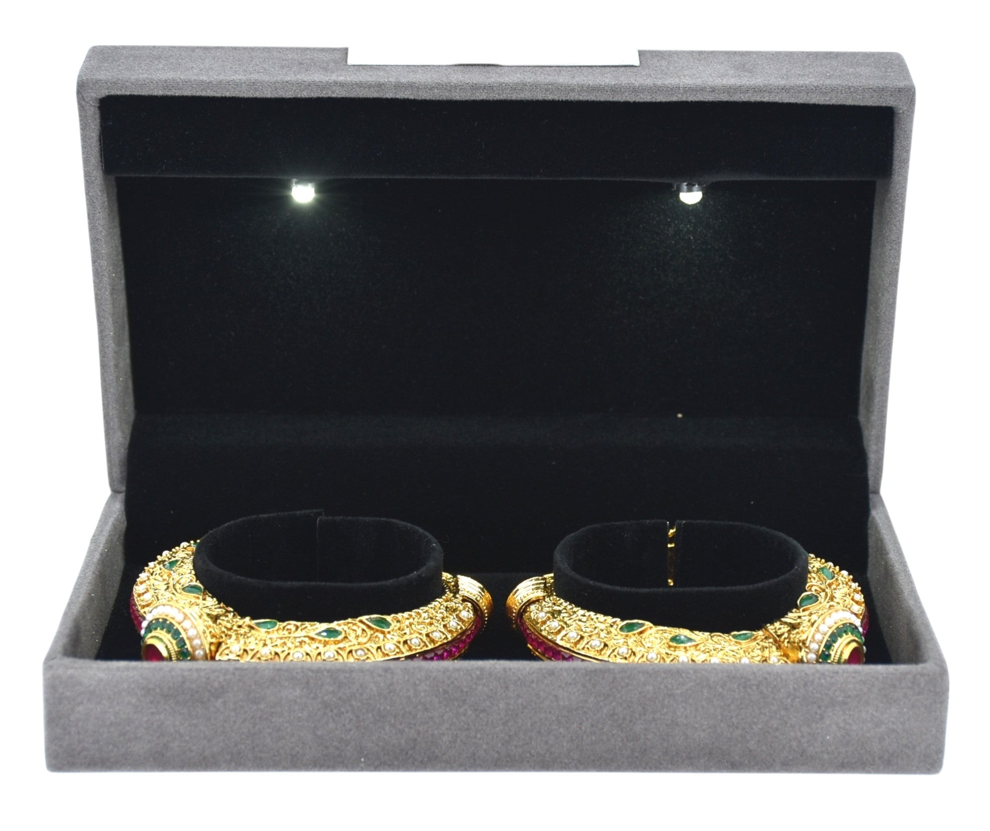 Grey Velvet Jewellery Box With Metal Plate & LED Light.