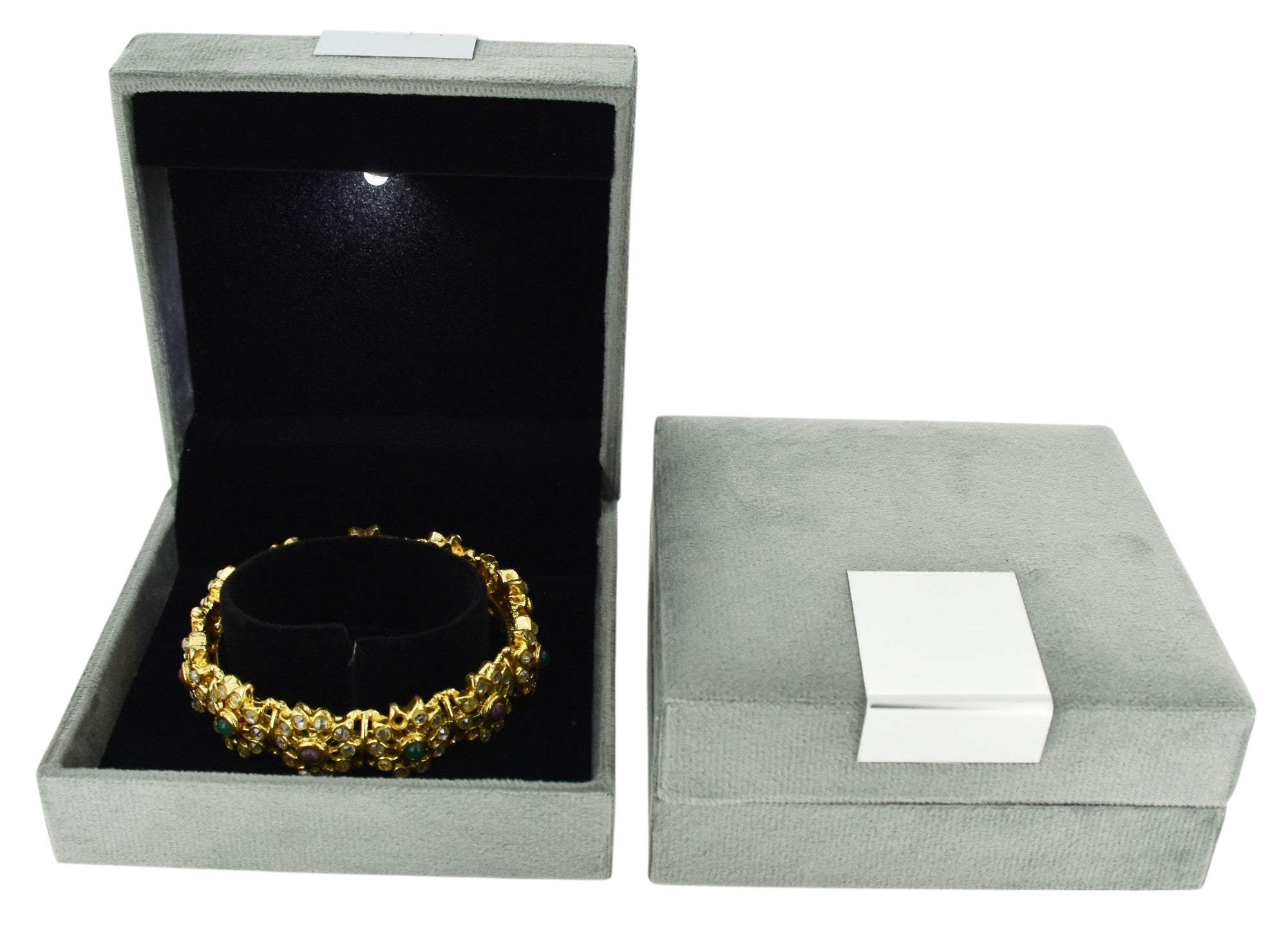 Grey Velvet Jewellery Box With Metal Plate & LED Light.