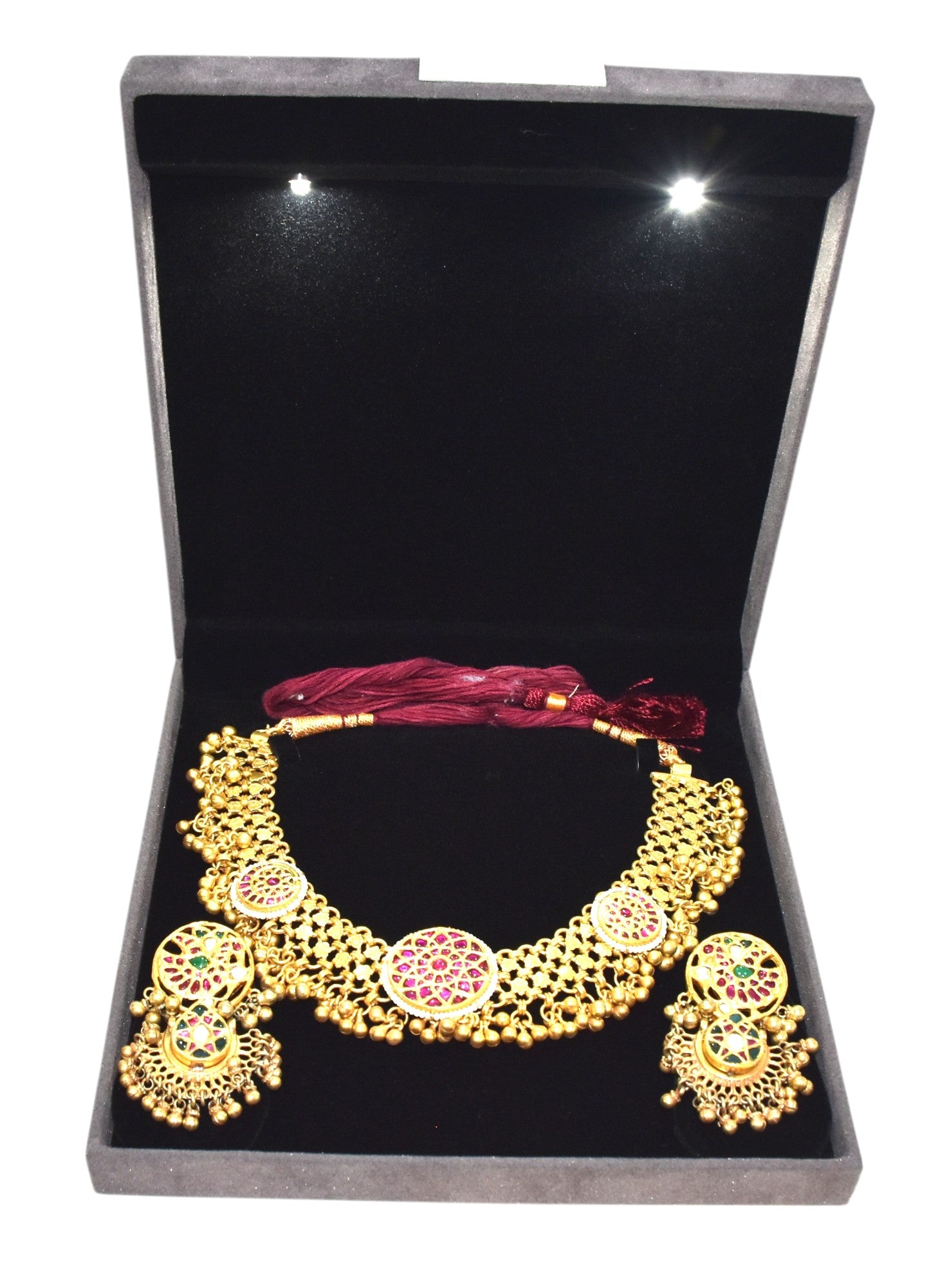 Grey Velvet Jewellery Box With Metal Plate & LED Light.