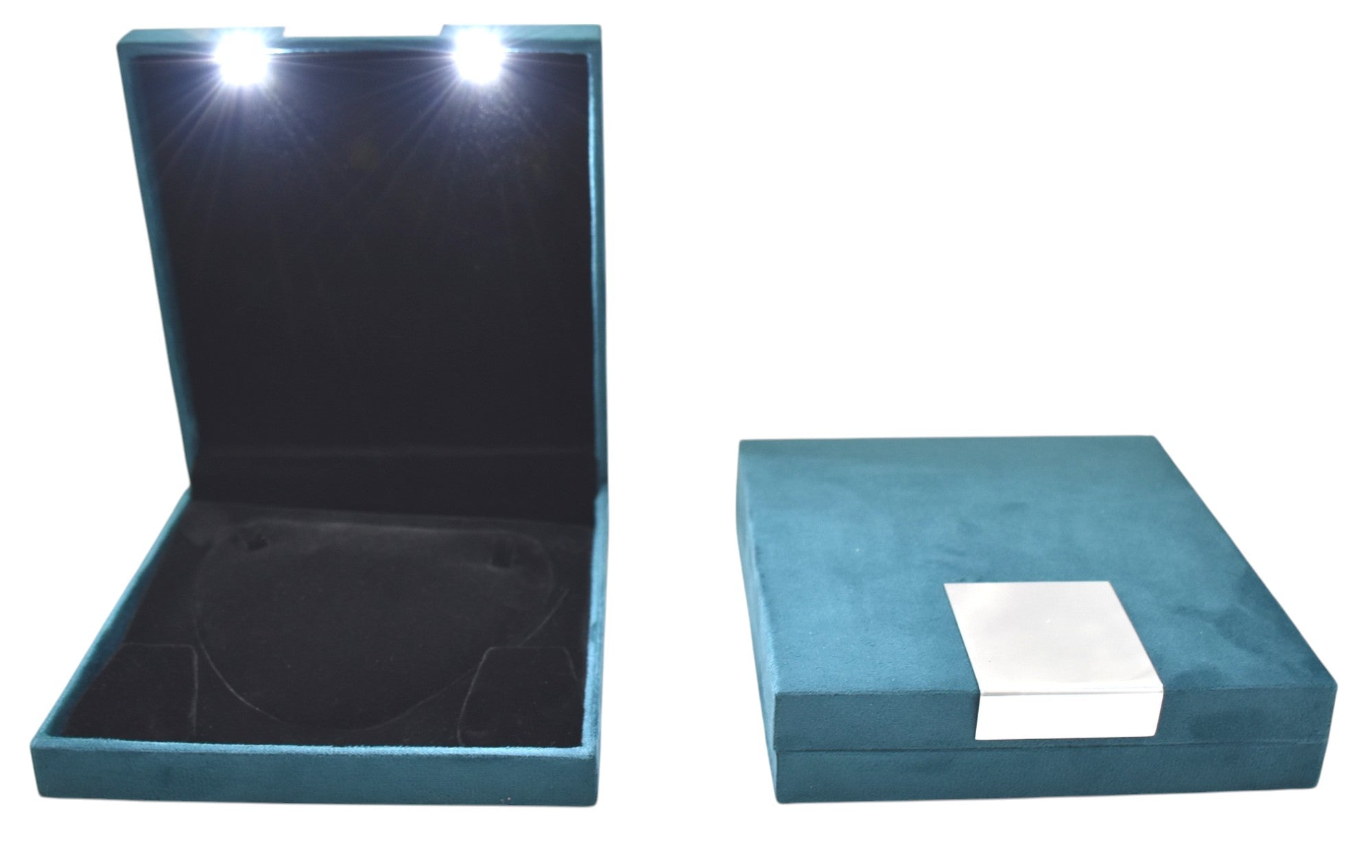 Green Velvet Jewellery Box With Metal Plate & LED Light.