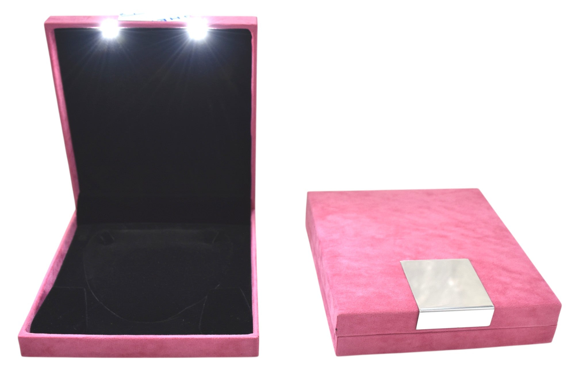 Pink Velvet Jewellery Box With Metal Plate & LED Light.