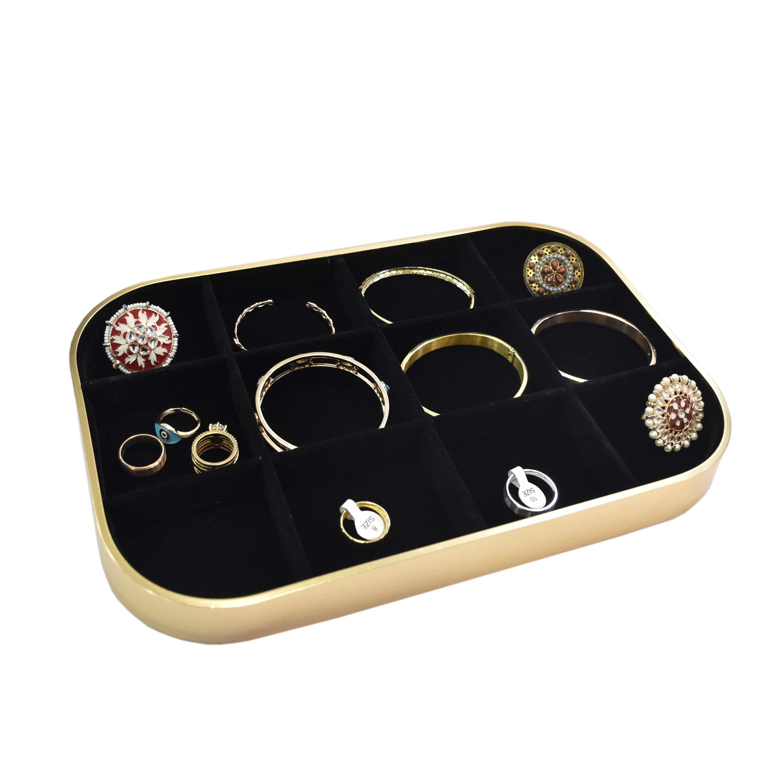 Elegant Jewellery Display Tray – Pink Gold Frame with Black Suede Lining (11.75 x 8.0 x 1.0)