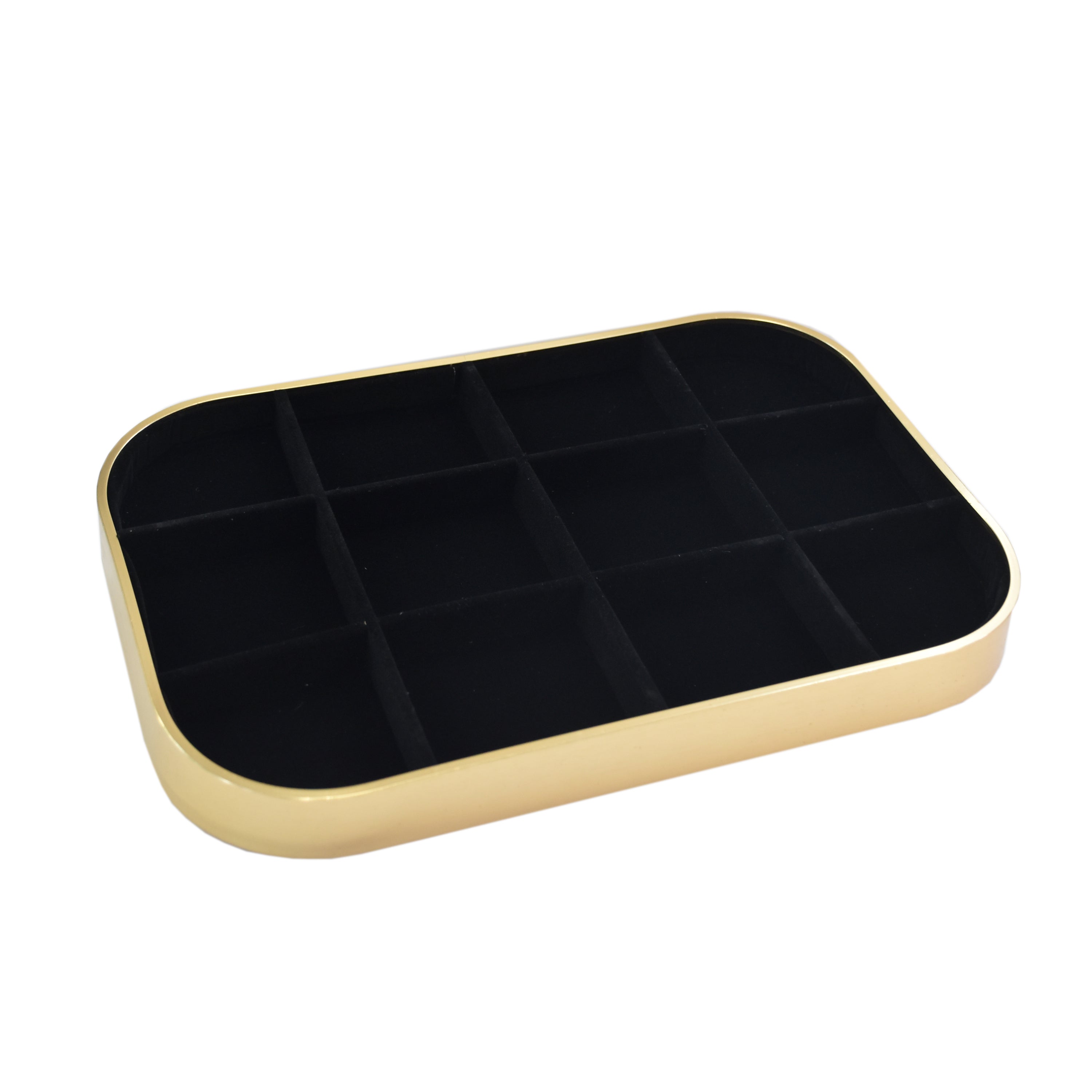 Elegant Jewellery Display Tray – Pink Gold Frame with Black Suede Lining (11.75 x 8.0 x 1.0)