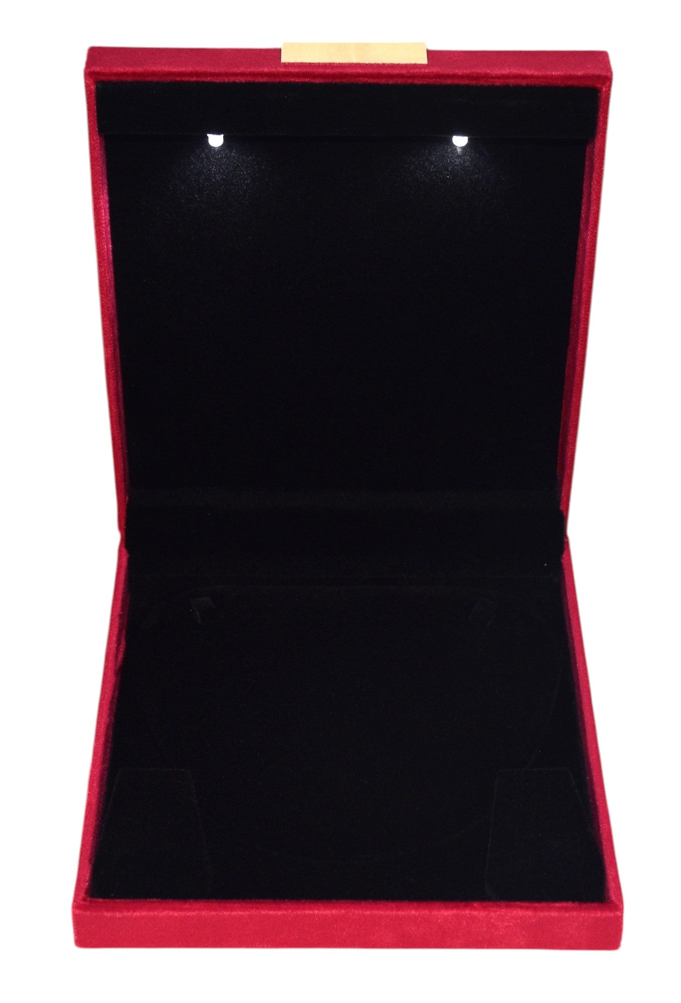 Red Velvet Jewellery Box With Metal Plate & LED Light.