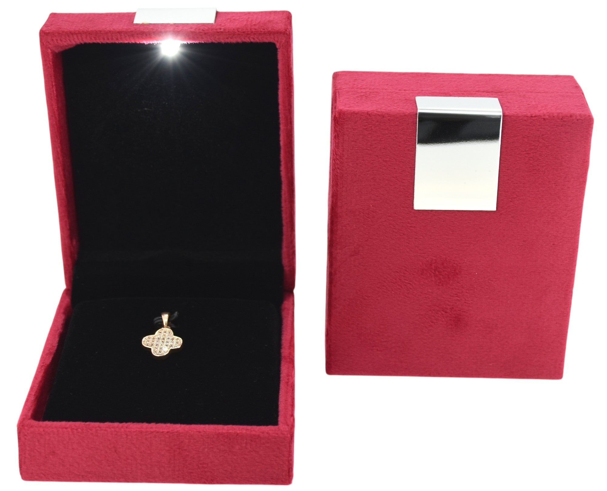 Red Velvet Jewellery Box With Metal Plate & LED Light.