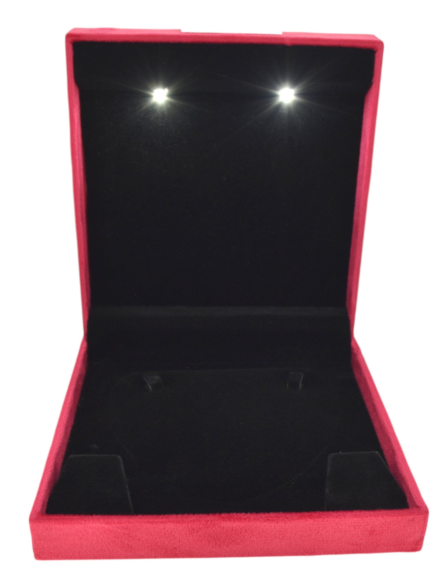 Red Velvet Jewellery Box With Metal Plate & LED Light.