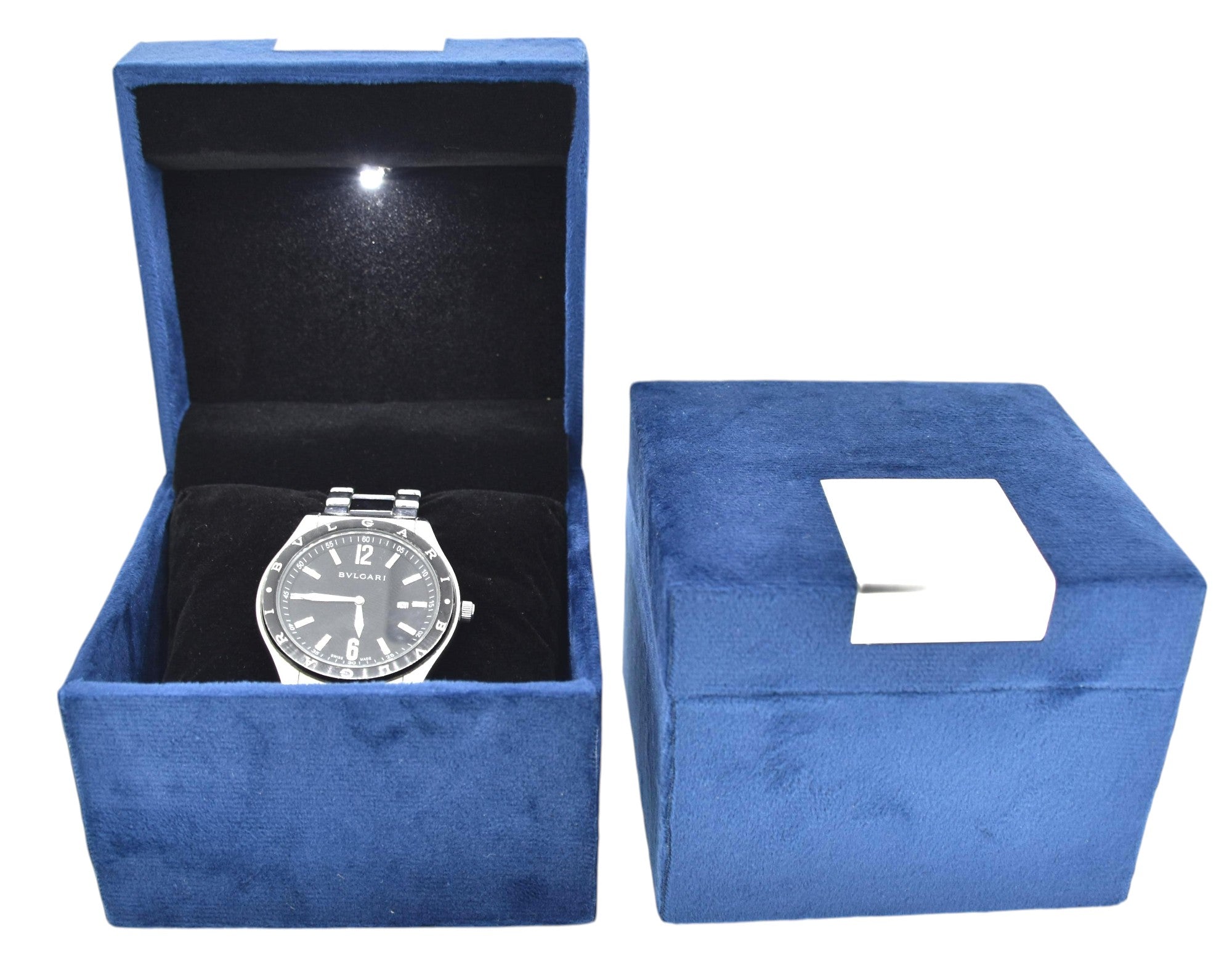 Blue Velvet Jewellery Box with Metal plate & LED Light.