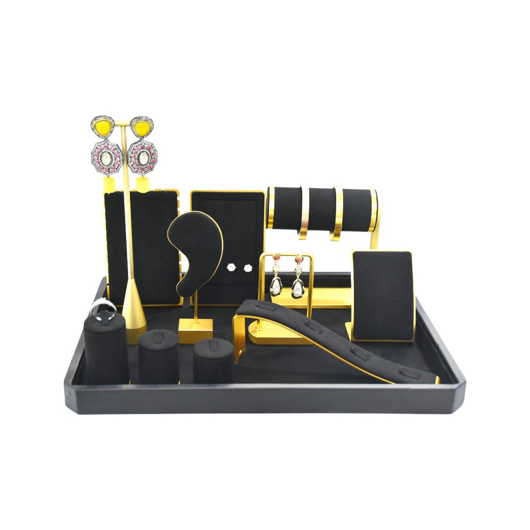 Elegant Gold Brass & Black Suede Jewellery Display Stands.