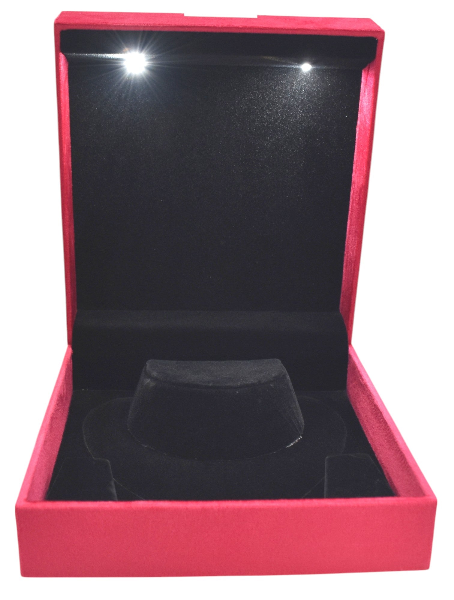 Red Velvet Jewellery Box With Metal Plate & LED Light.