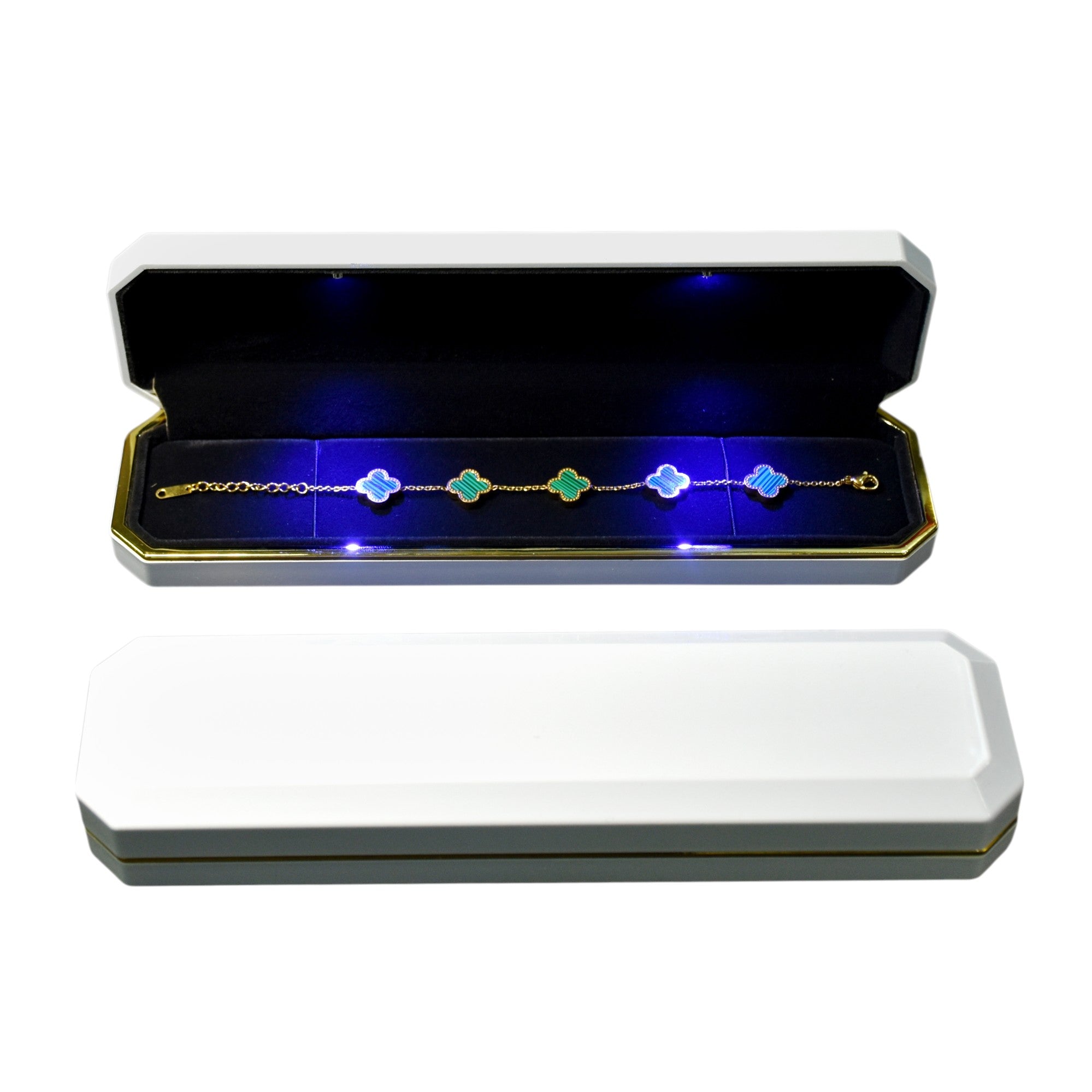 Glossy White Jewellery Boxes With Golden Border & LED Light.