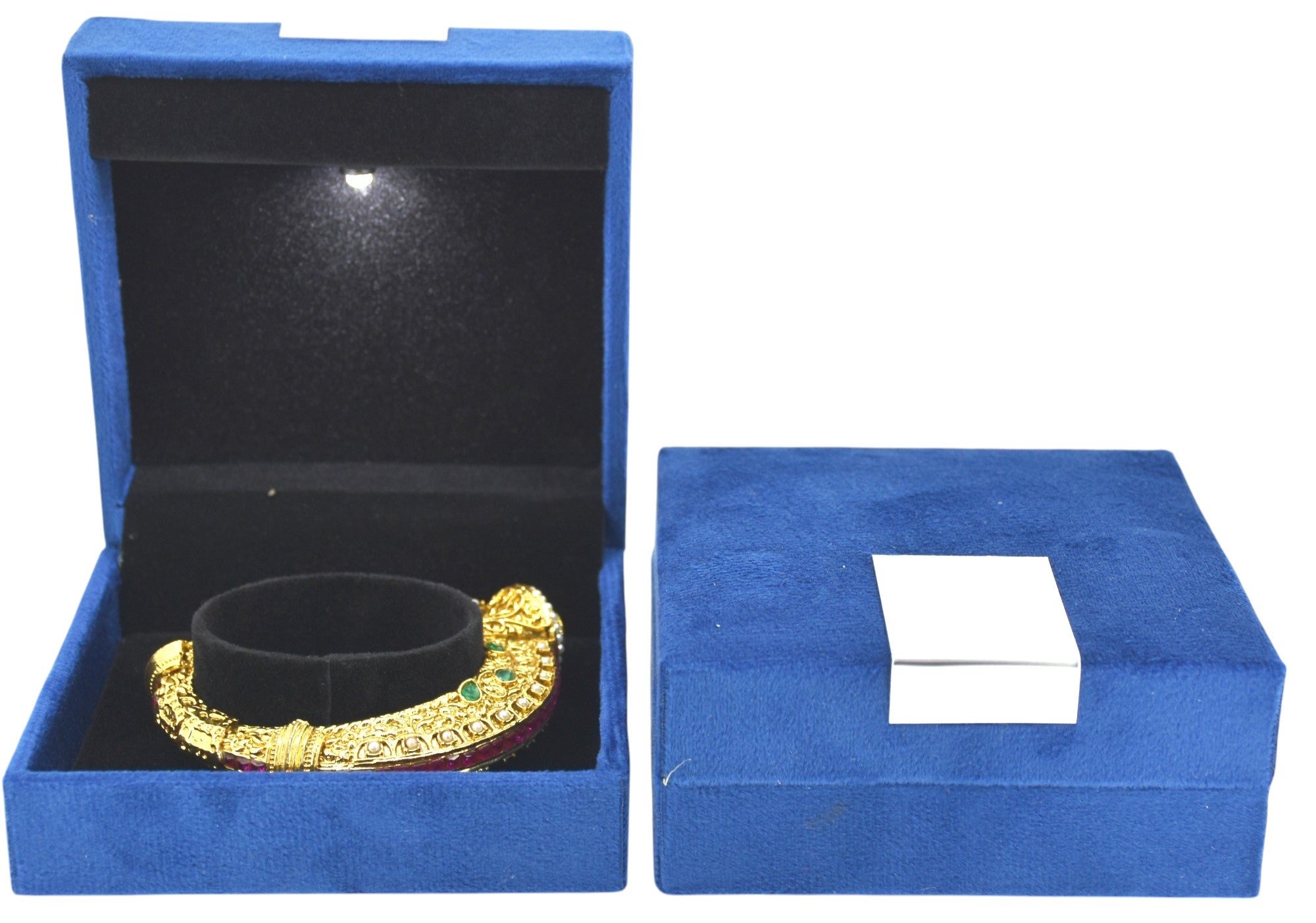 Blue Velvet Jewellery Box with Metal plate & LED Light.