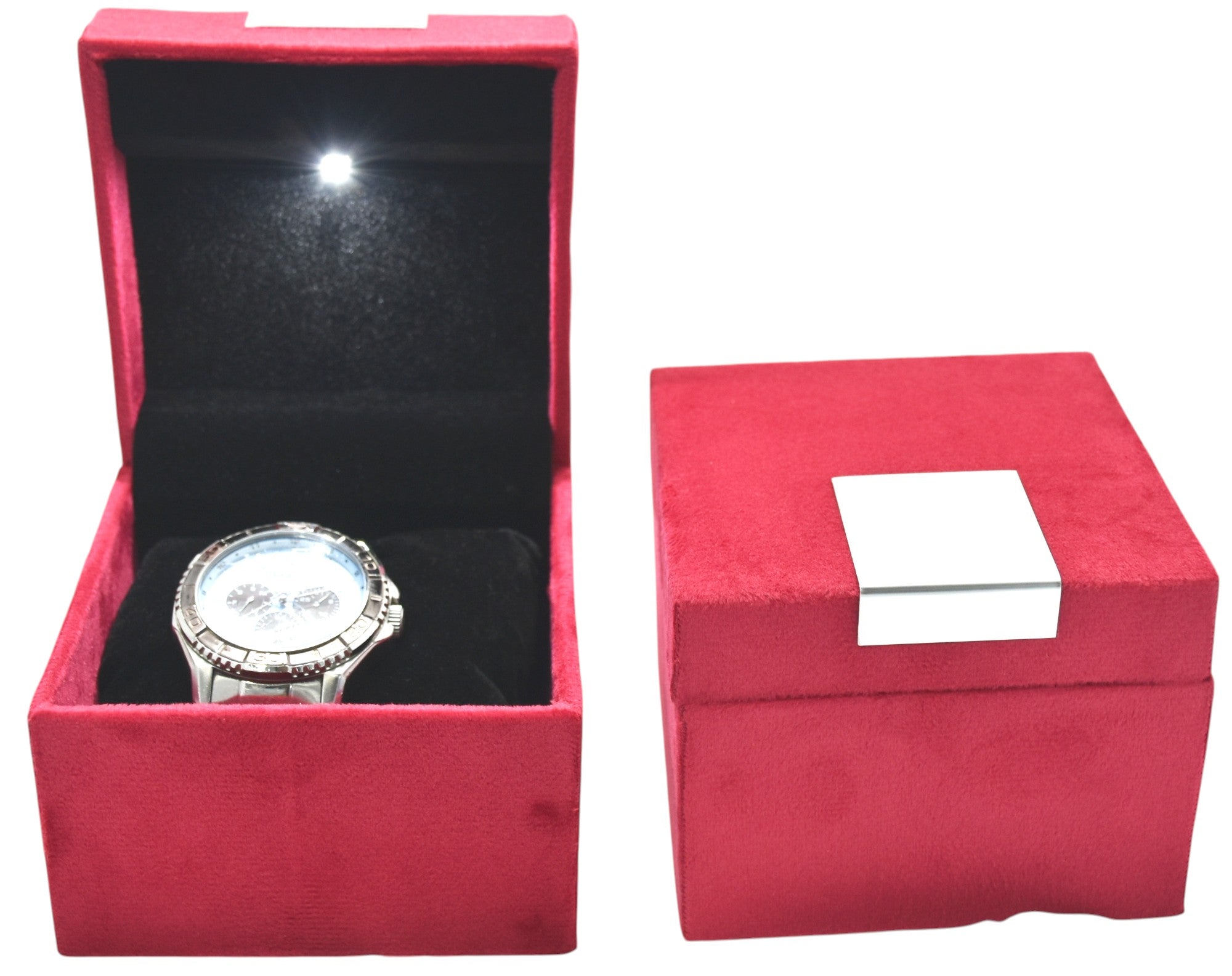 Red Velvet Jewellery Box With Metal Plate & LED Light.