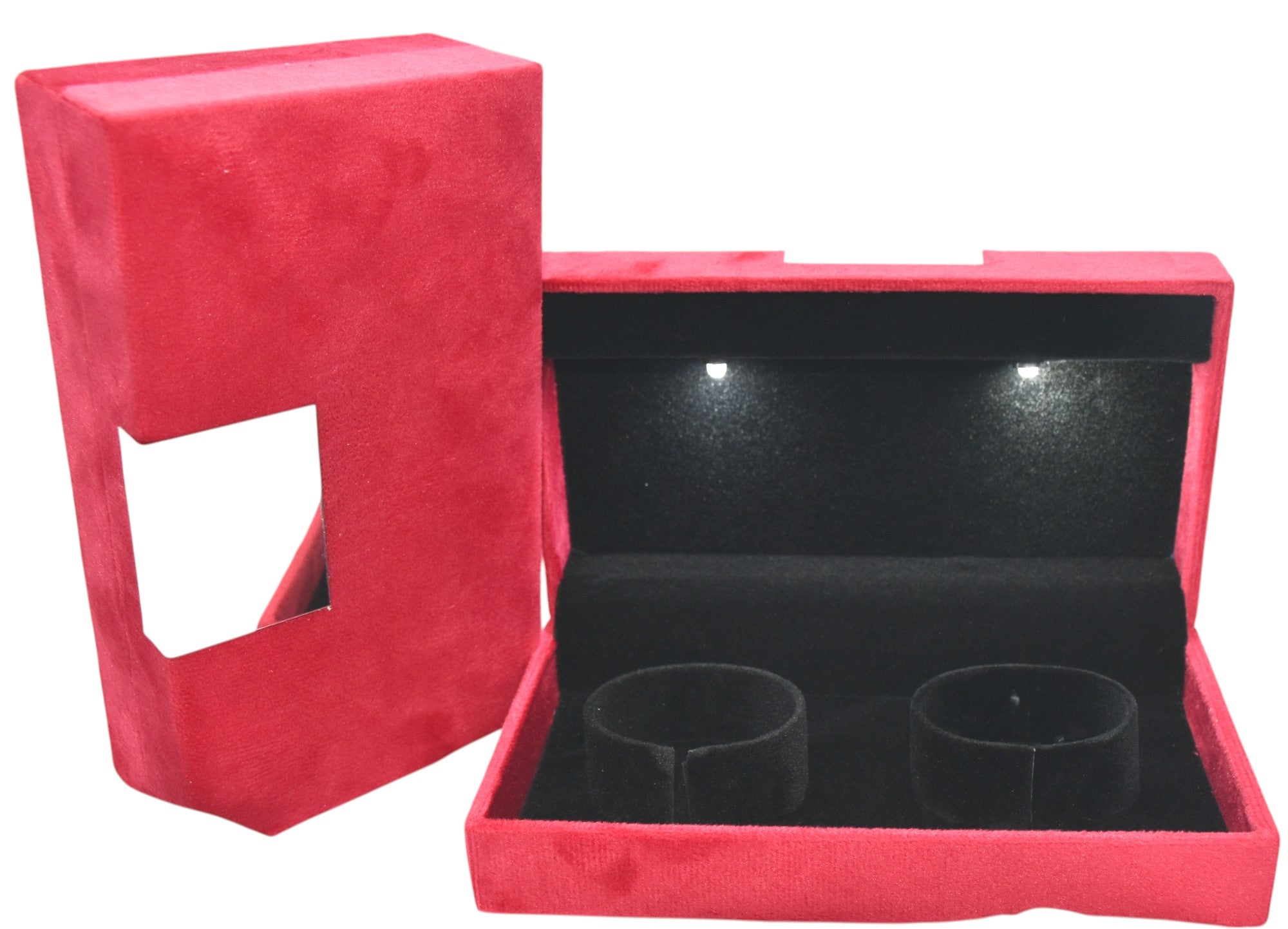 Red Velvet Jewellery Box With Metal Plate & LED Light.