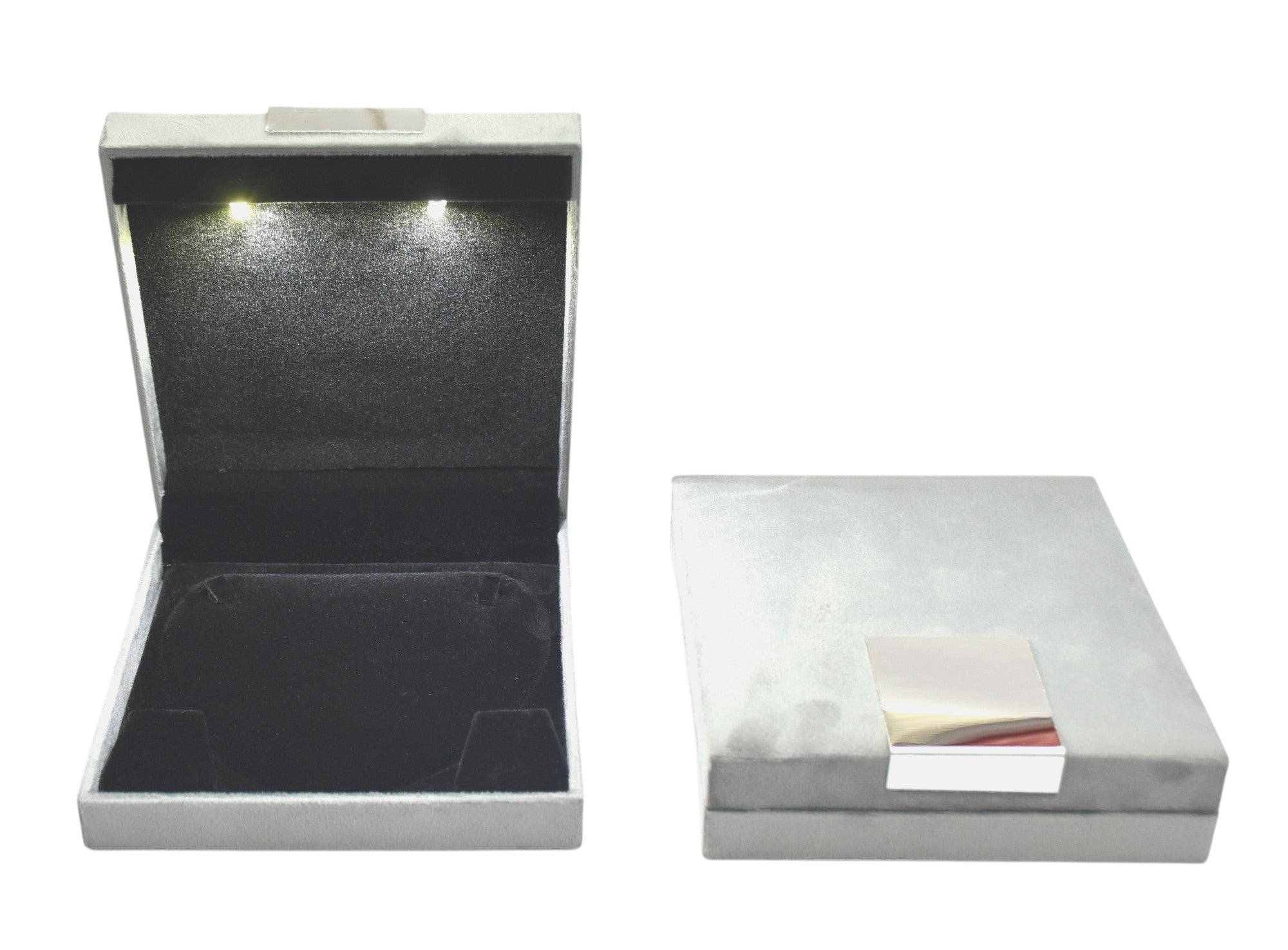 Grey Velvet Jewellery Box With Metal Plate & LED Light.