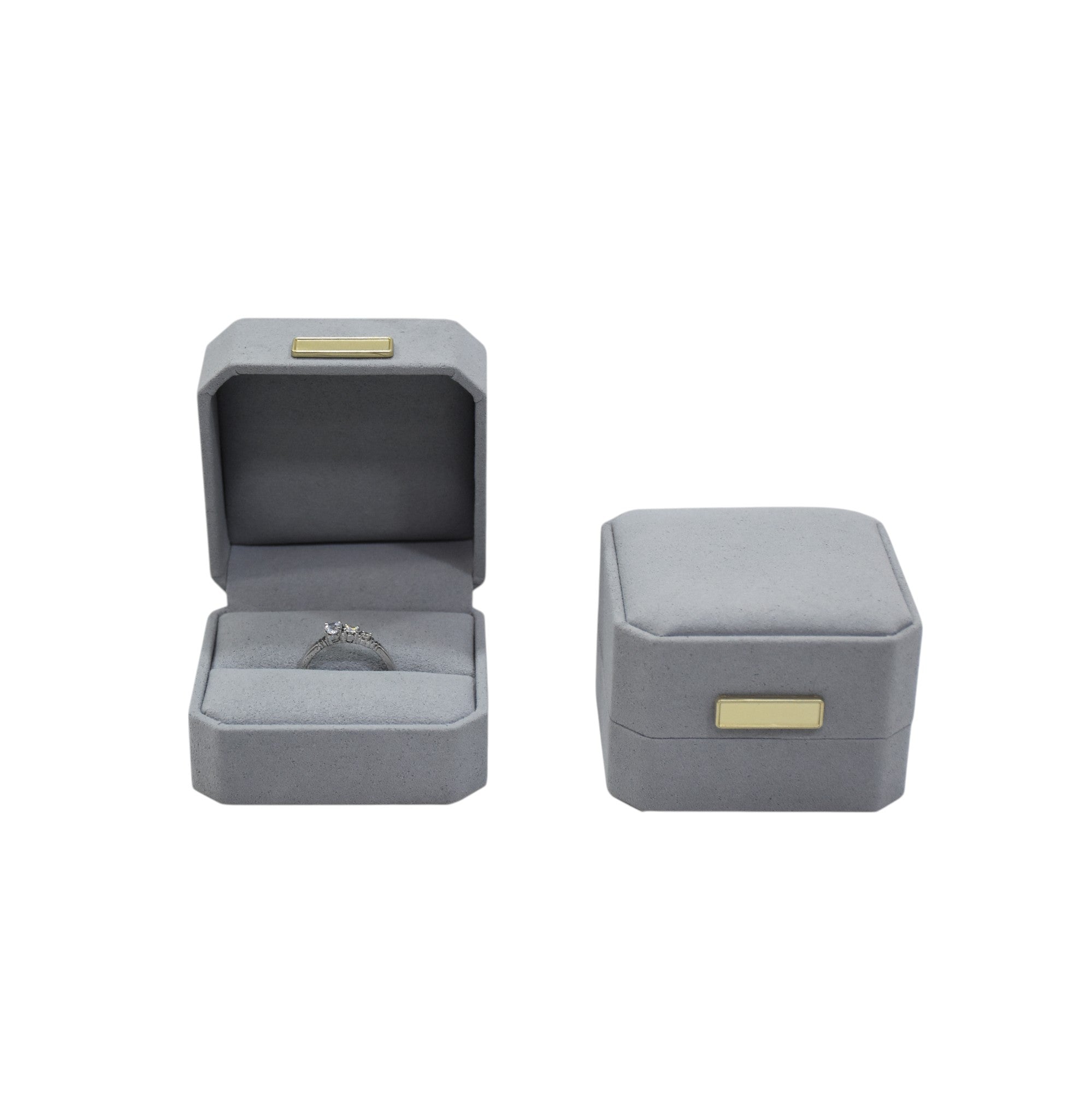 Grey Microfiber Jewellery Box For Ring With Stylish Golden Button.