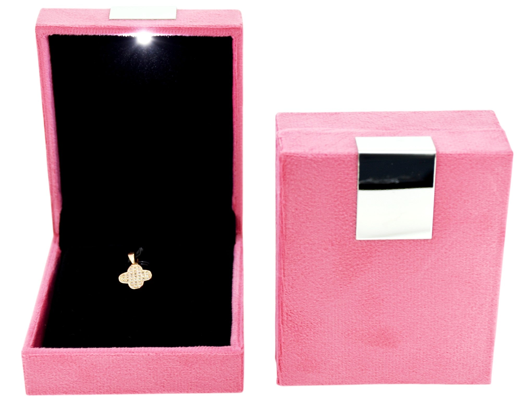 Pink Velvet Jewellery Box With Metal Plate & LED Light.