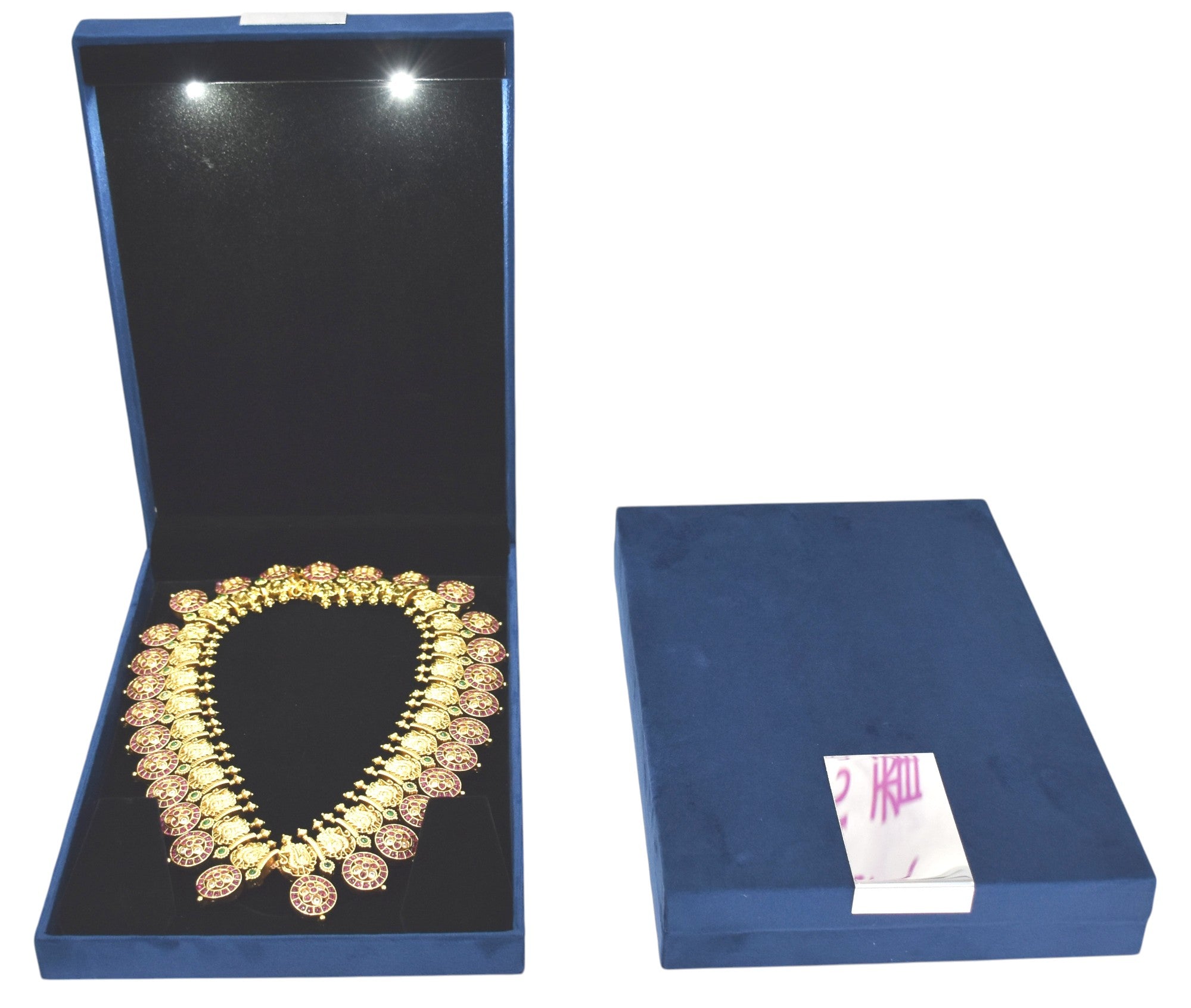 Blue Velvet Jewellery Box with Metal plate & LED Light.