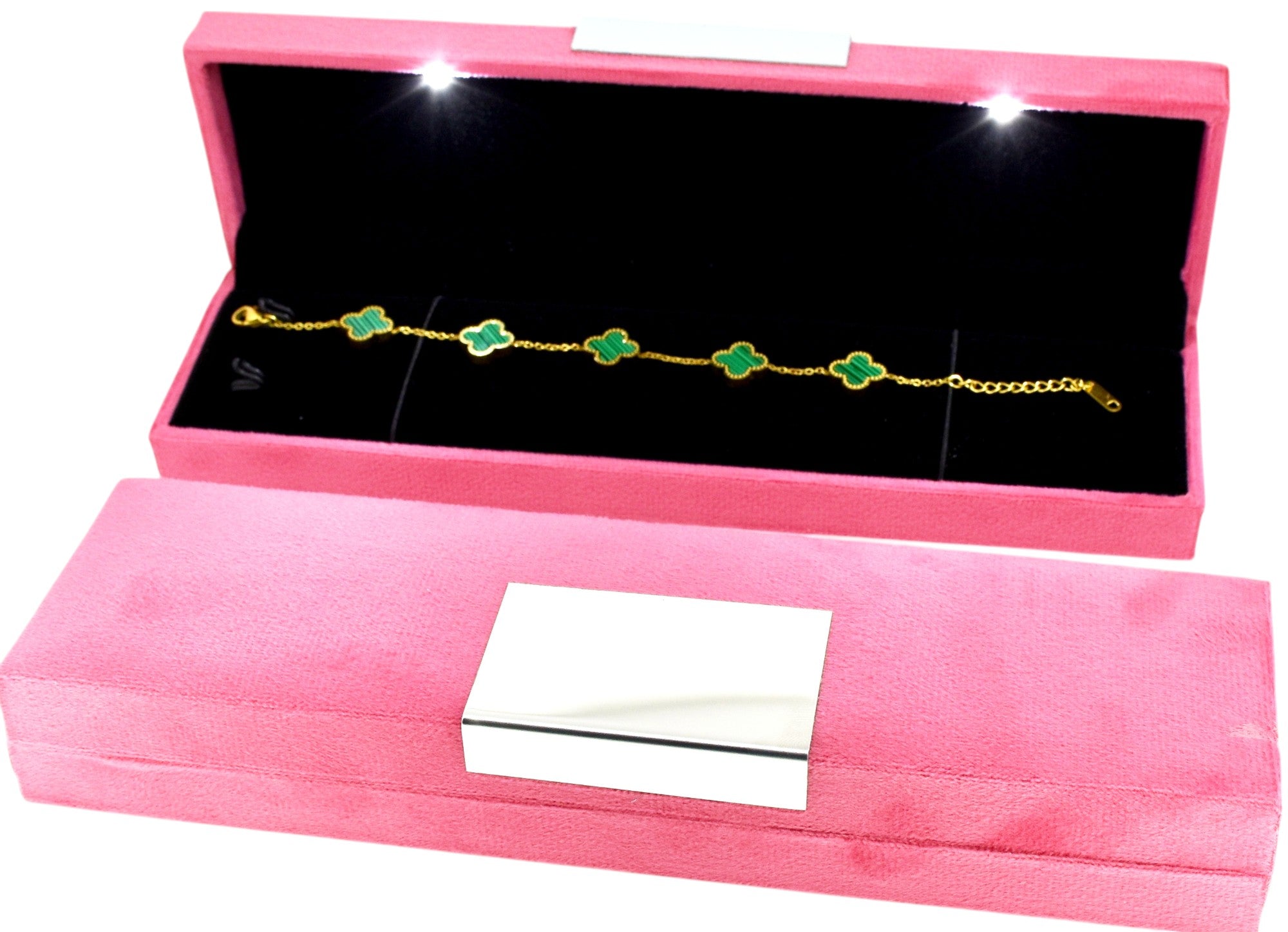 Pink Velvet Jewellery Box With Metal Plate & LED Light.
