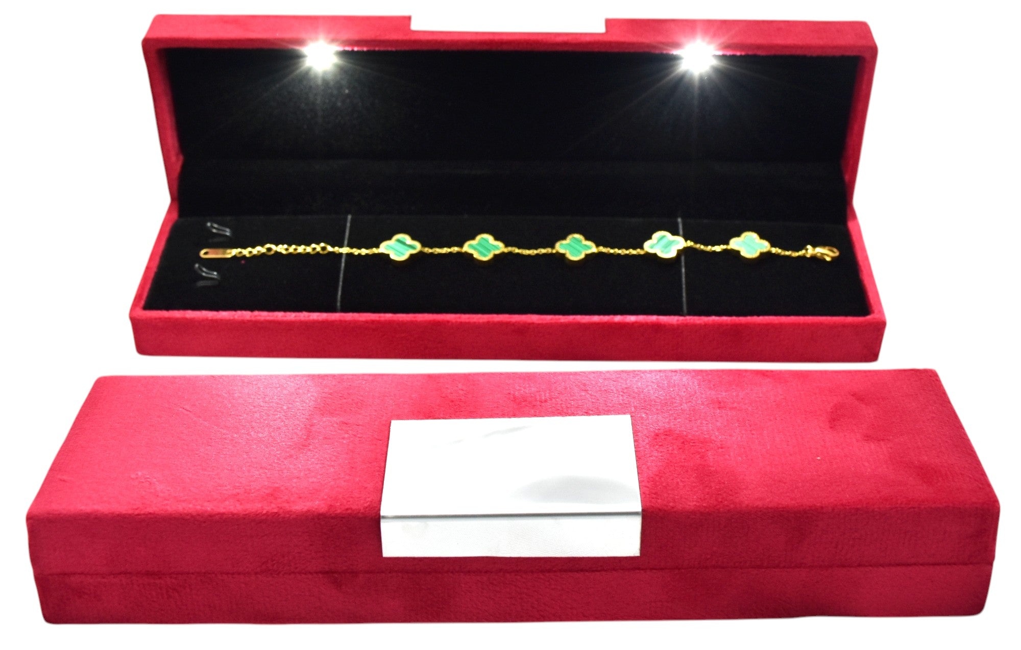 Red Velvet Jewellery Box With Metal Plate & LED Light.