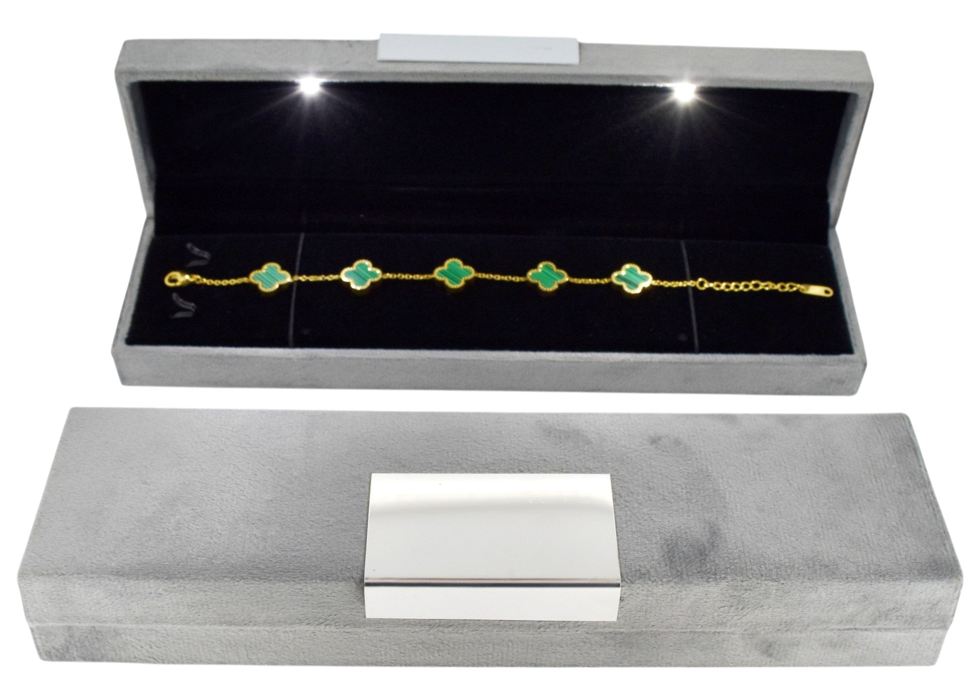 Grey Velvet Jewellery Box With Metal Plate & LED Light.