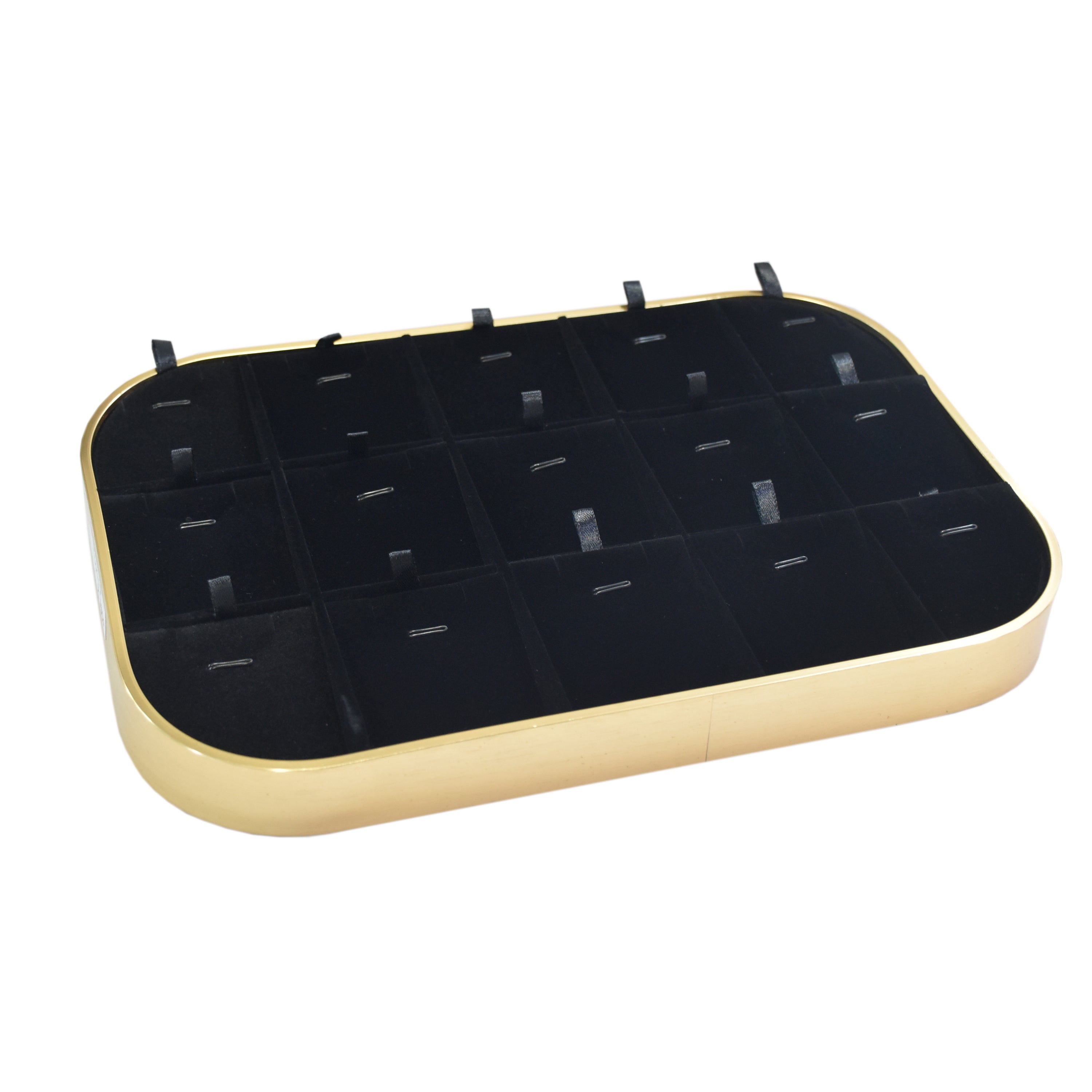 Elegant Jewellery Display Tray – Pink Gold Frame with Black Suede Lining (11.75 x 8.0 x 1.0)