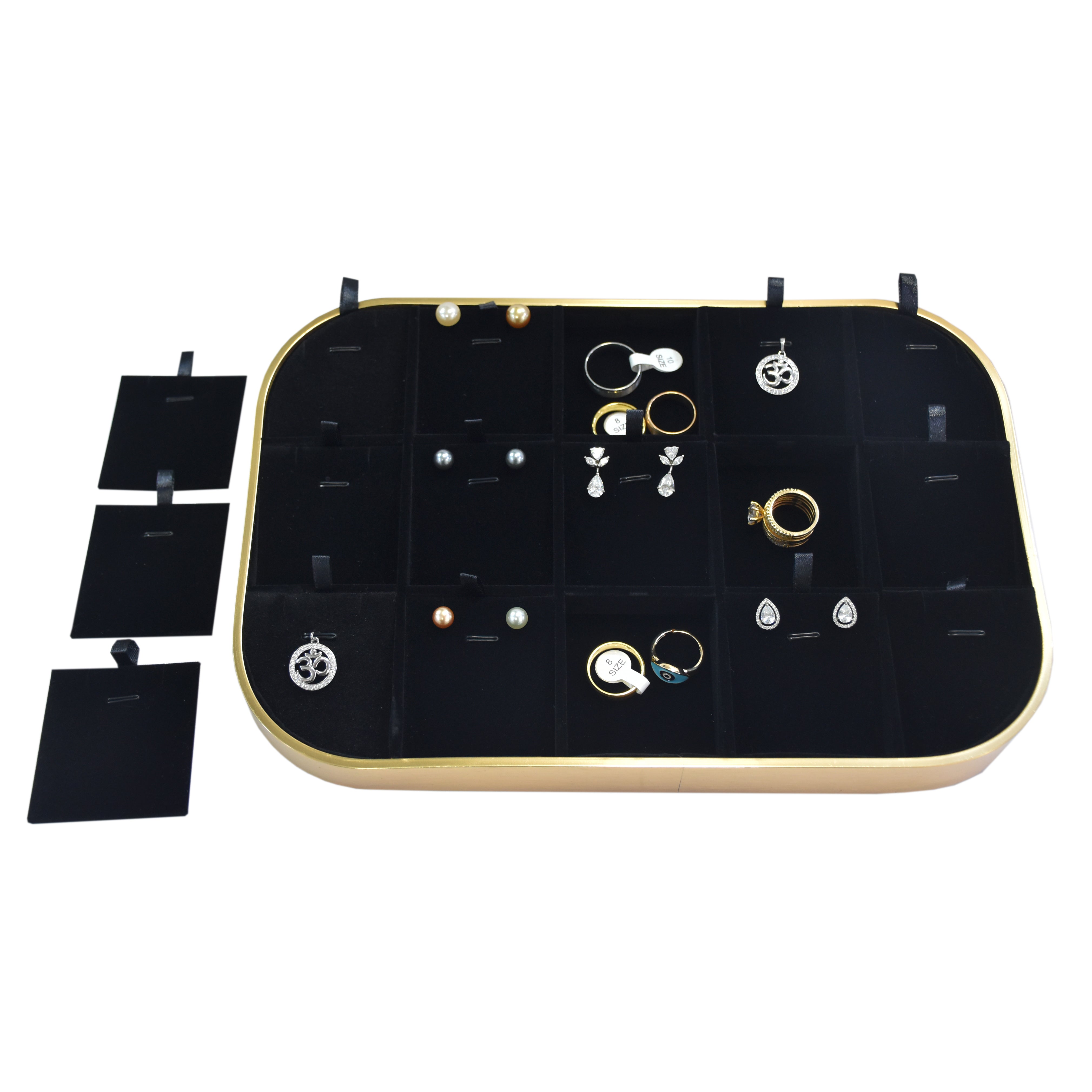Elegant Jewellery Display Tray – Pink Gold Frame with Black Suede Lining (11.75 x 8.0 x 1.0)