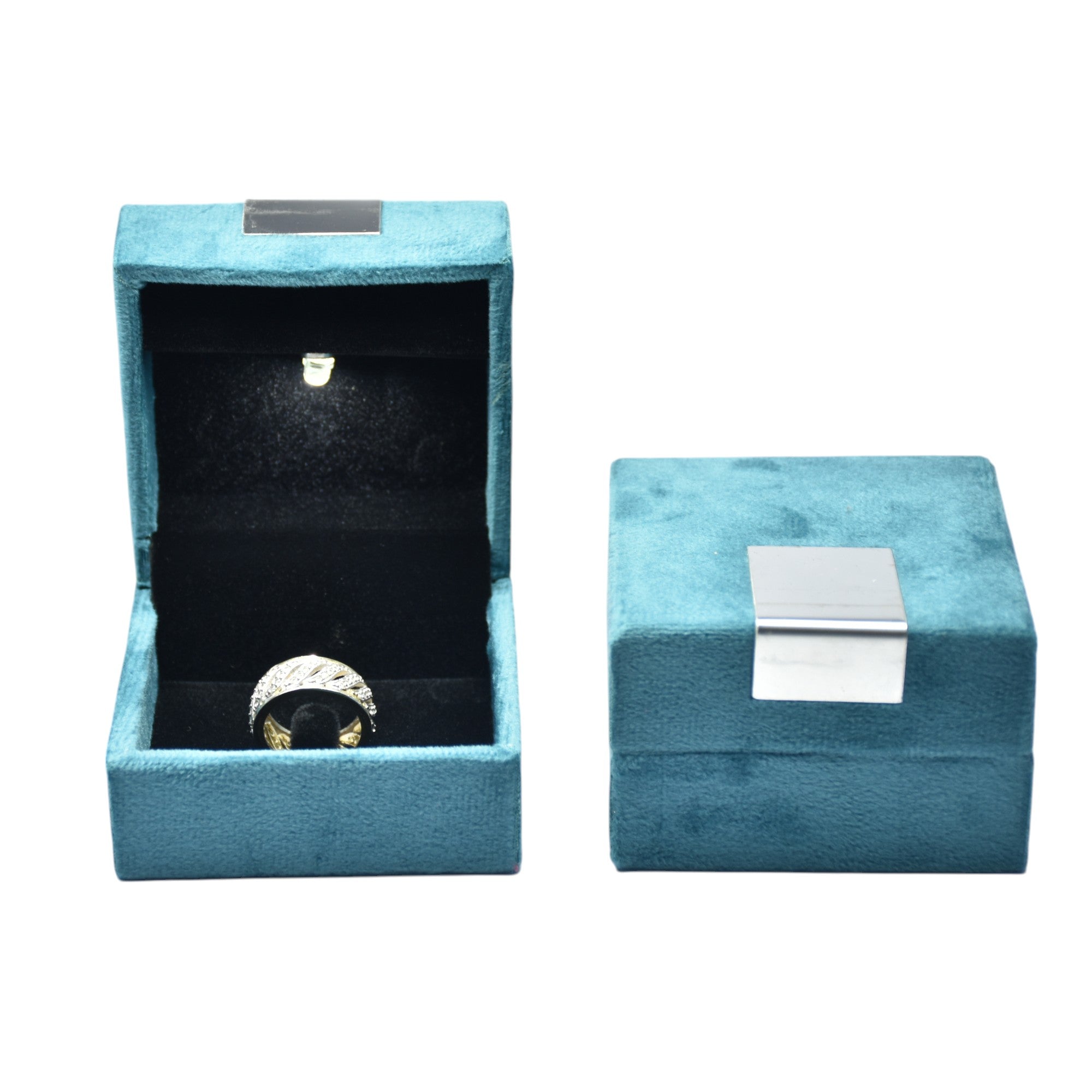 Green Velvet Jewellery Box With Metal Plate & LED Light.