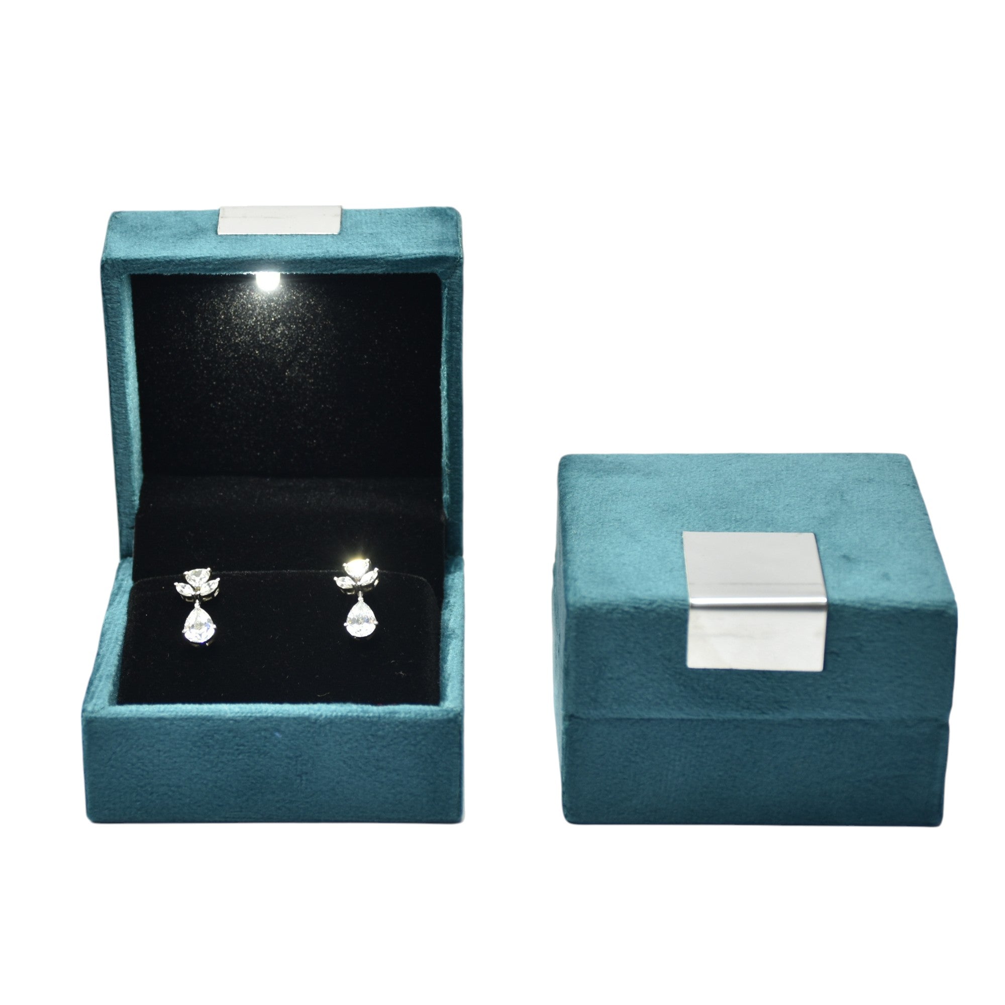 Green Velvet Jewellery Box With Metal Plate & LED Light.