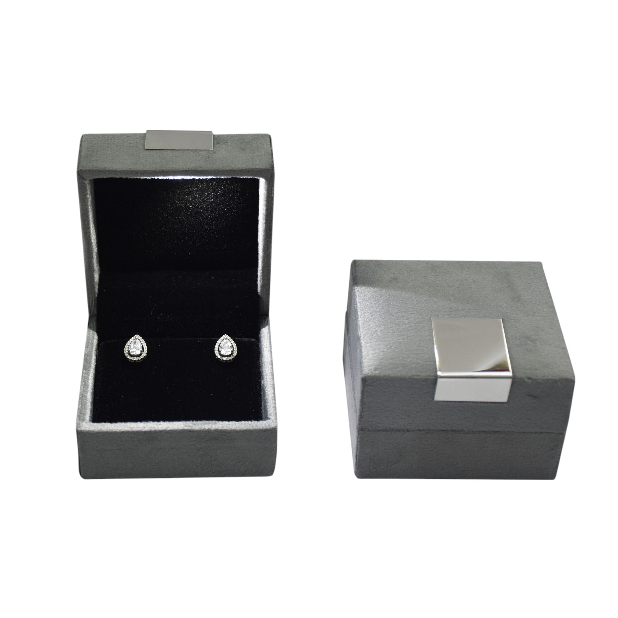 Grey Velvet Jewellery Box With Metal Plate & LED Light.