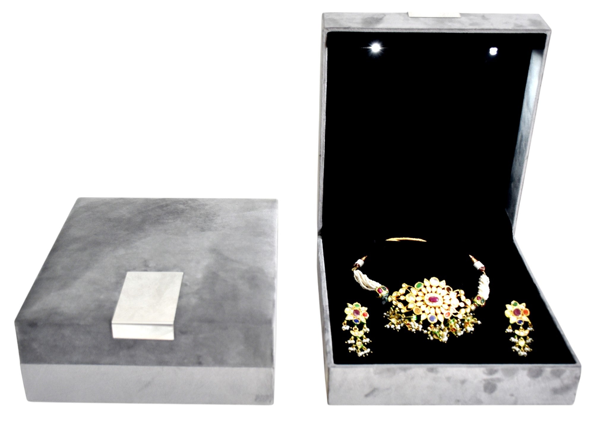 Grey Velvet Jewellery Box With Metal Plate & LED Light.