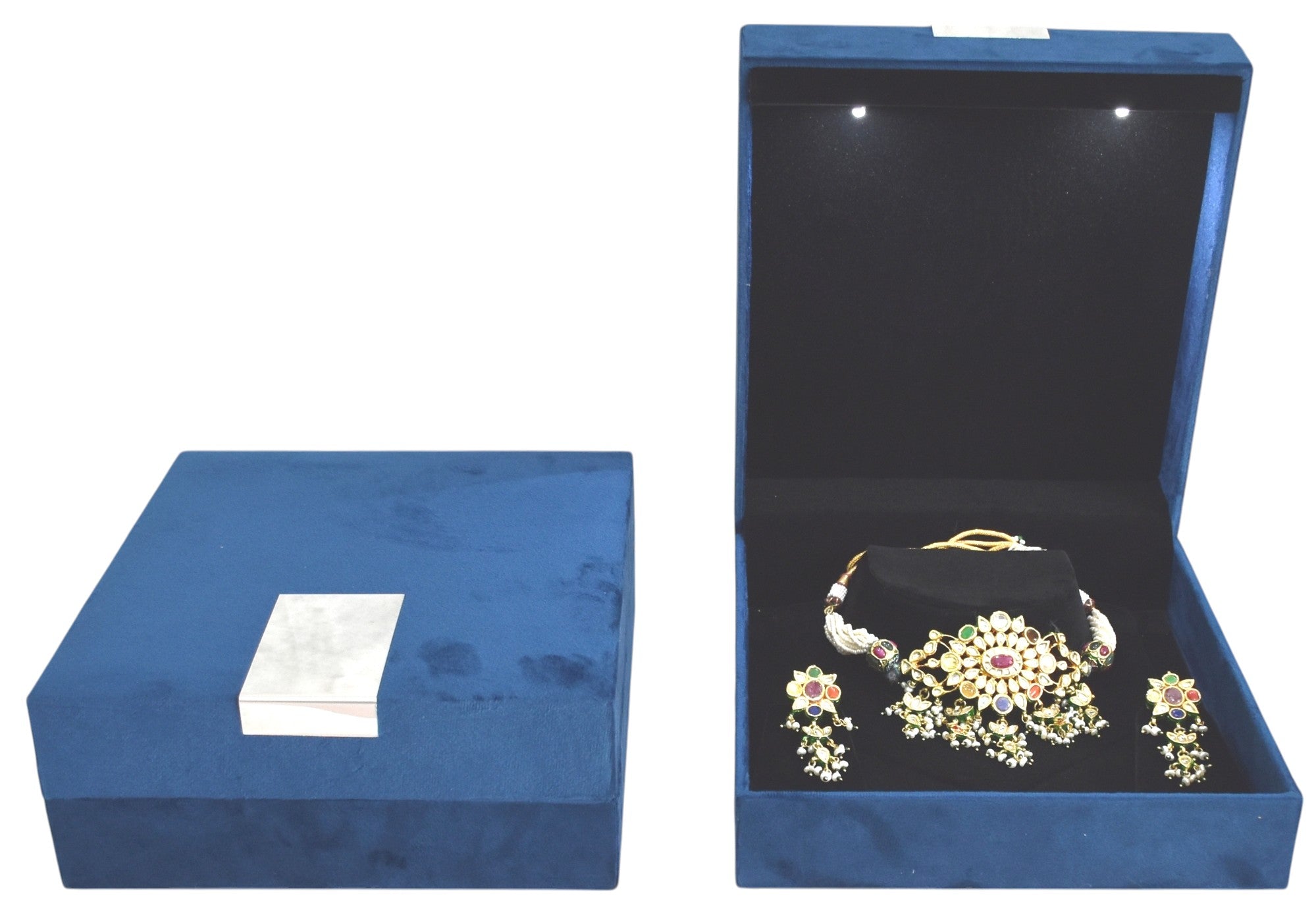 Blue Velvet Jewellery Box with Metal plate & LED Light.