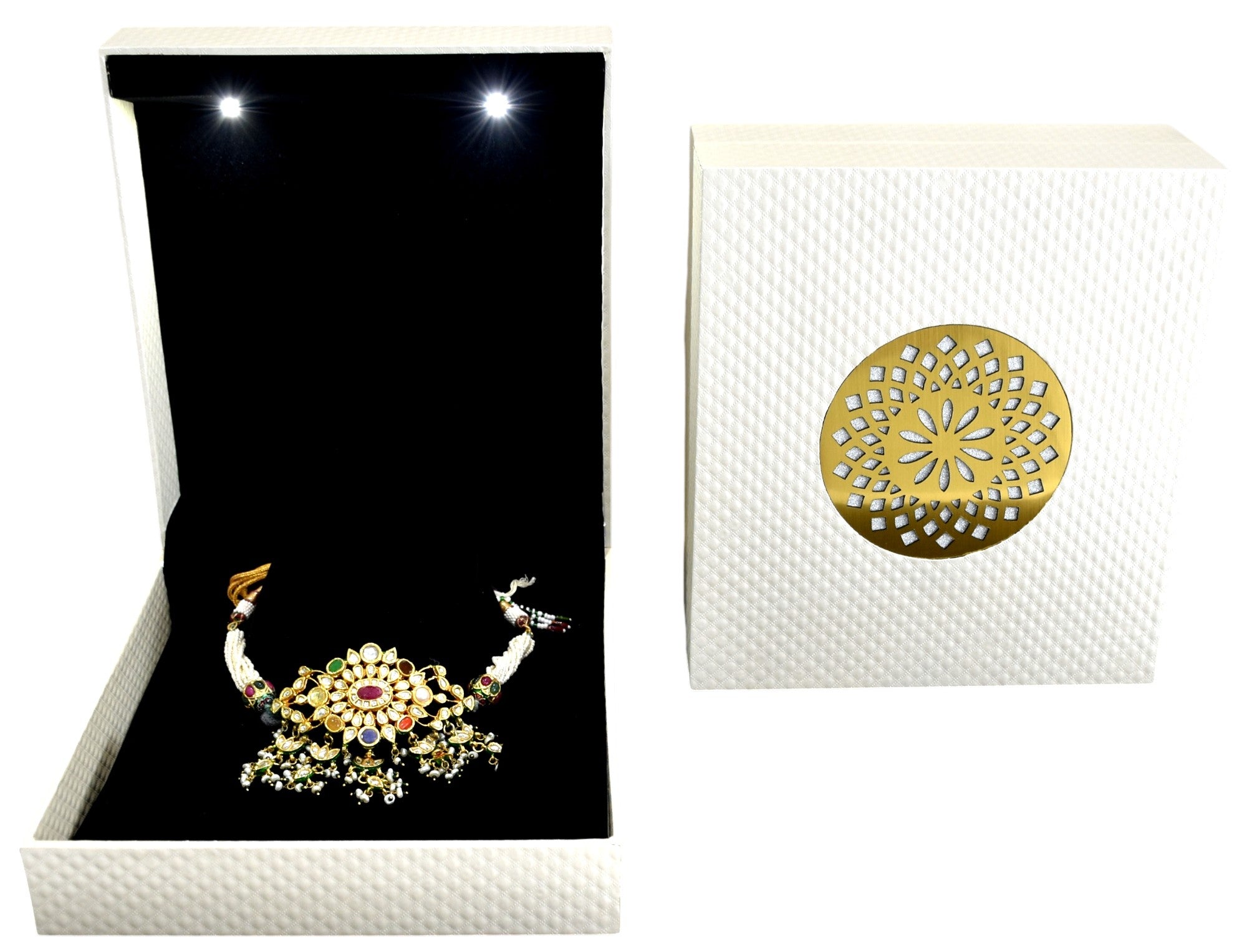 White Jewellery Box With Laser Cut Design & LED Light.