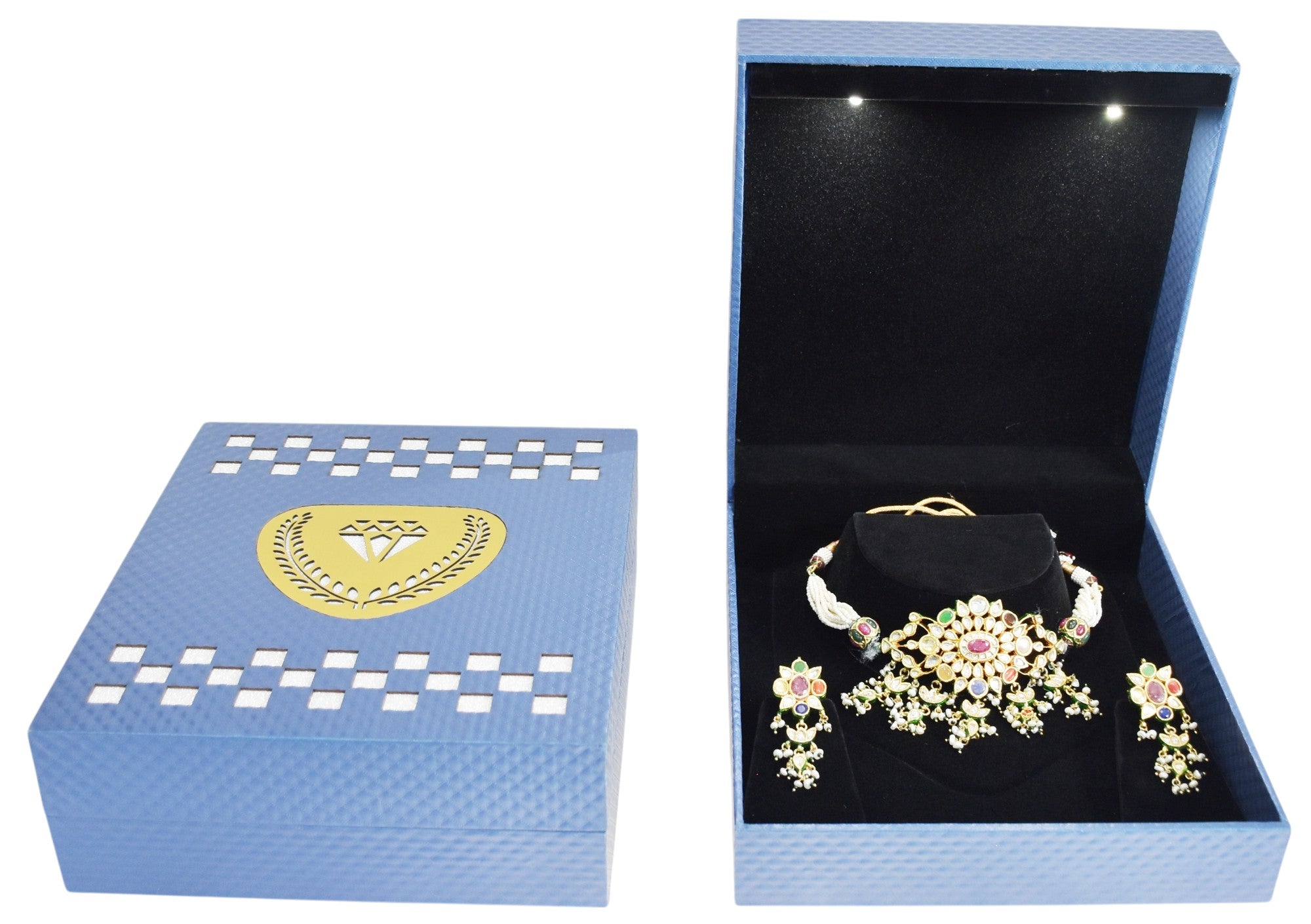 Blue Jewellery Box With Laser Cut Design & LED Light.