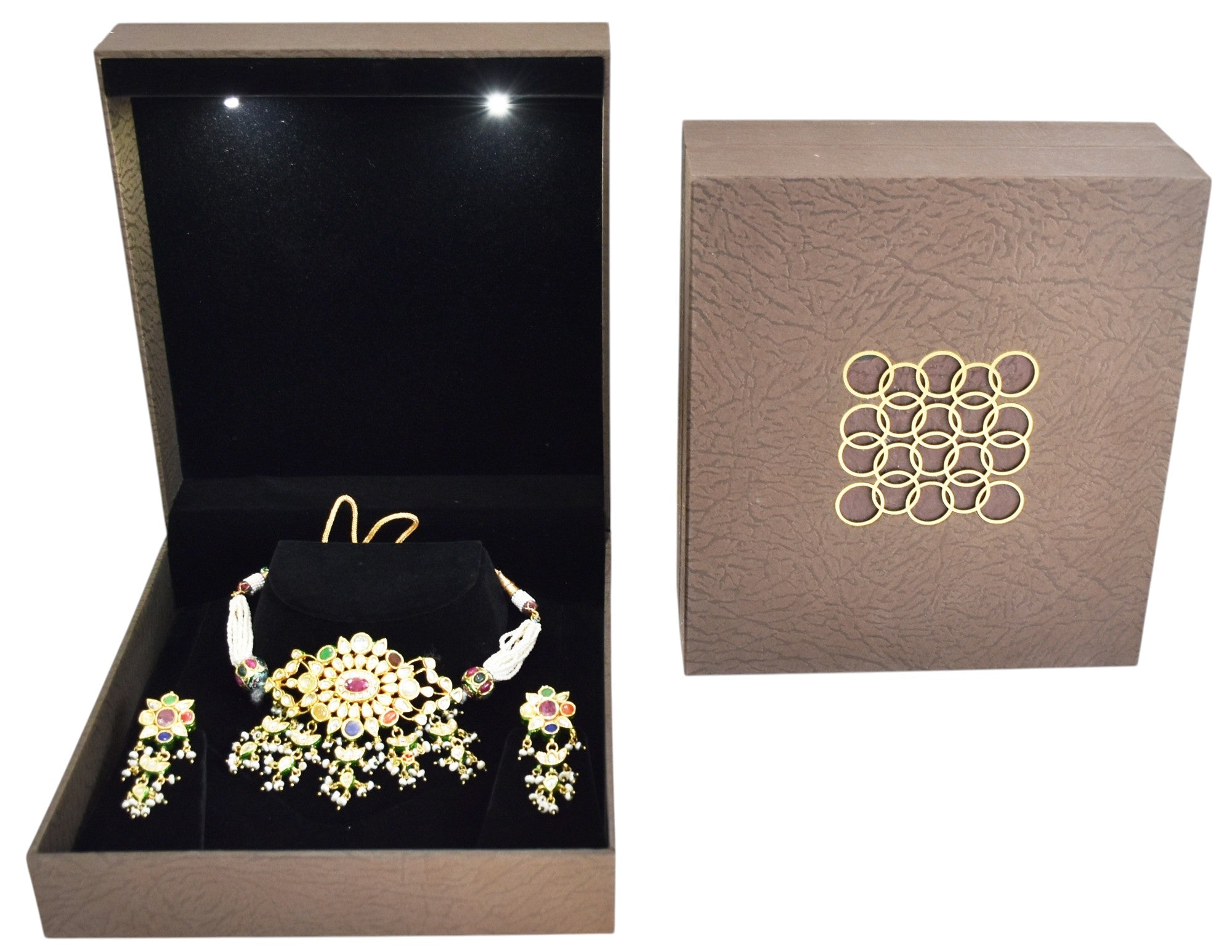 Brown Jewellery Box With Laser Cut Design & LED Light