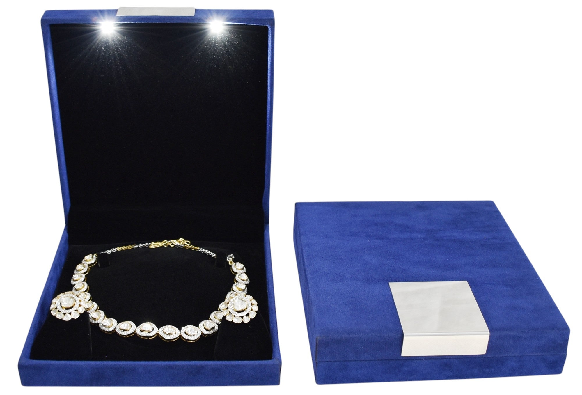 Blue Velvet Jewellery Box with Metal plate & LED Light.