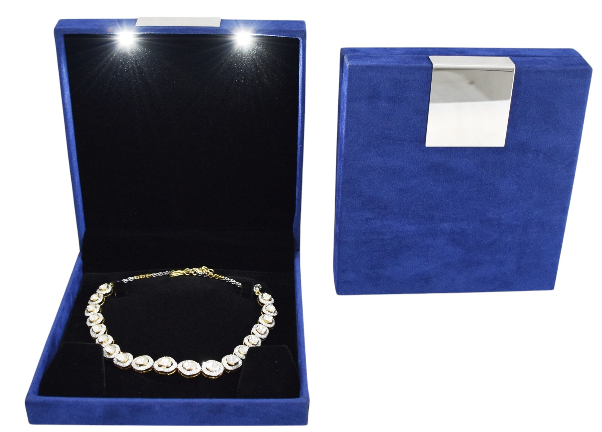Blue Velvet Jewellery Box with Metal plate & LED Light.