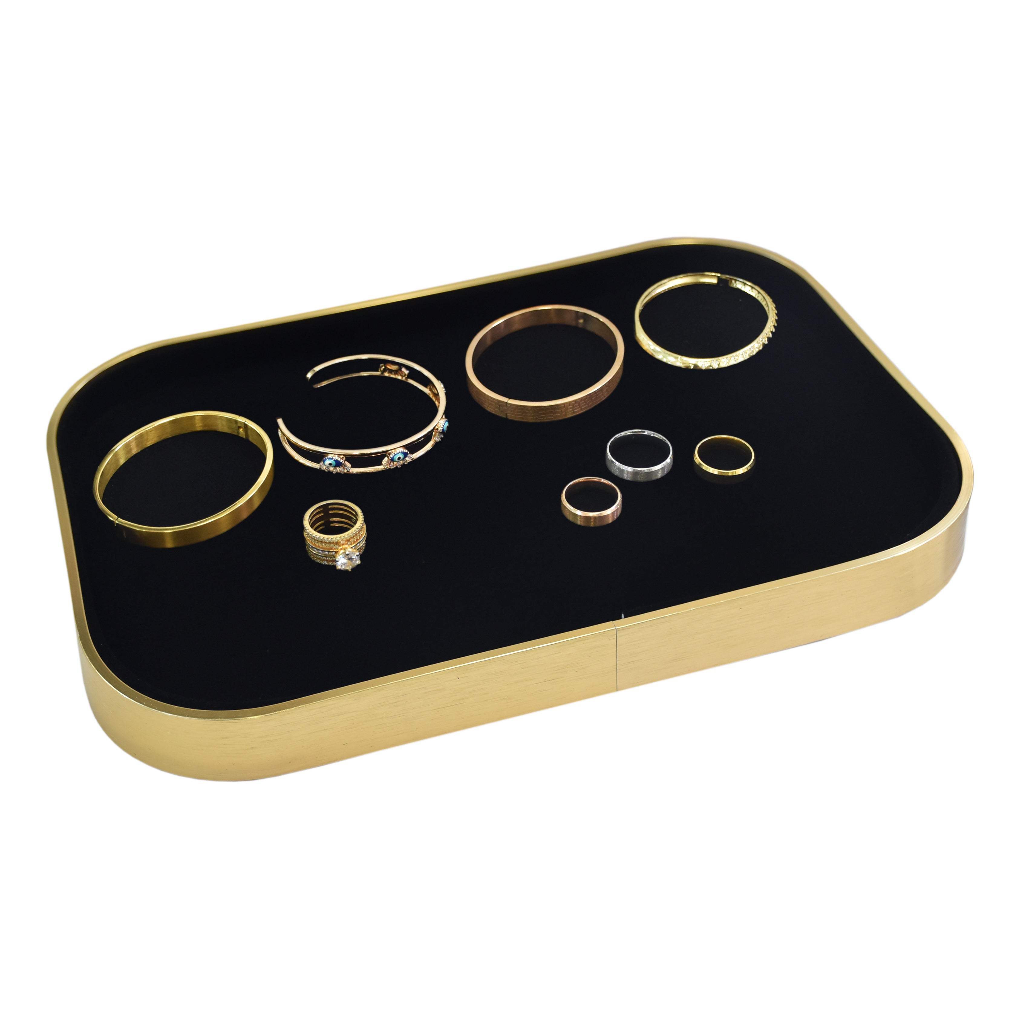 Elegant Jewellery Display Tray – Pink Gold Frame with Black Suede Lining (11.75 x 8.0 x 1.0)